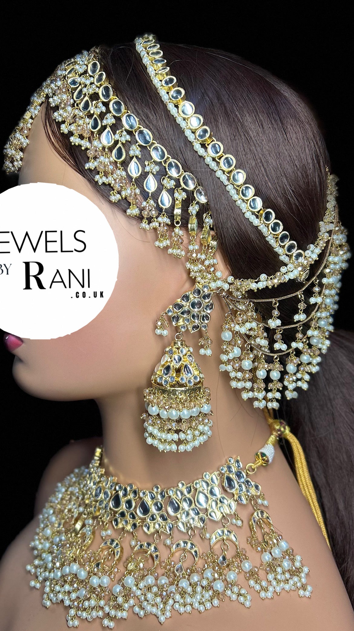 Pre order 6 Weeks - White Kundan Bridal Jewellery Set Matha Patti, Necklace and Jhumkies + nose ring 22crt Gold Plated
