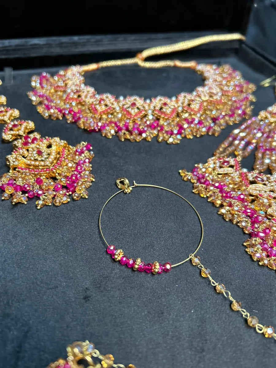 Beautiful Hot Pink & Gold Bridal Necklace Mehndi Set - Jewelsbyrani