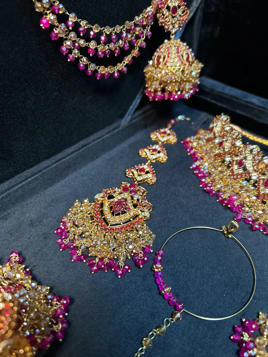 Beautiful Mehndi Choker Hot Pink & Gold Bridal Set - Jewelsbyrani
