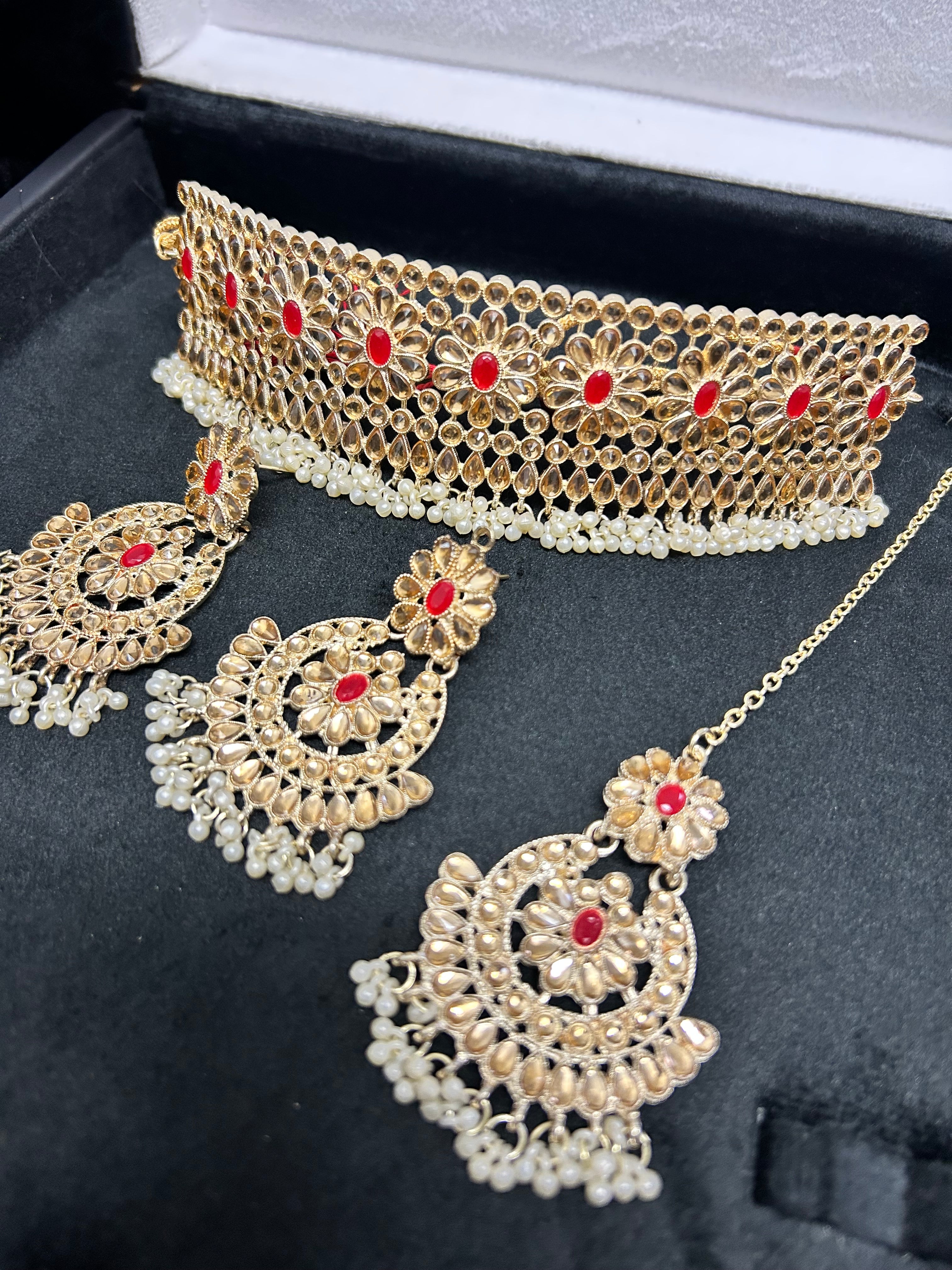 Beautiful Light Weight Gold, White and Red Choker Set