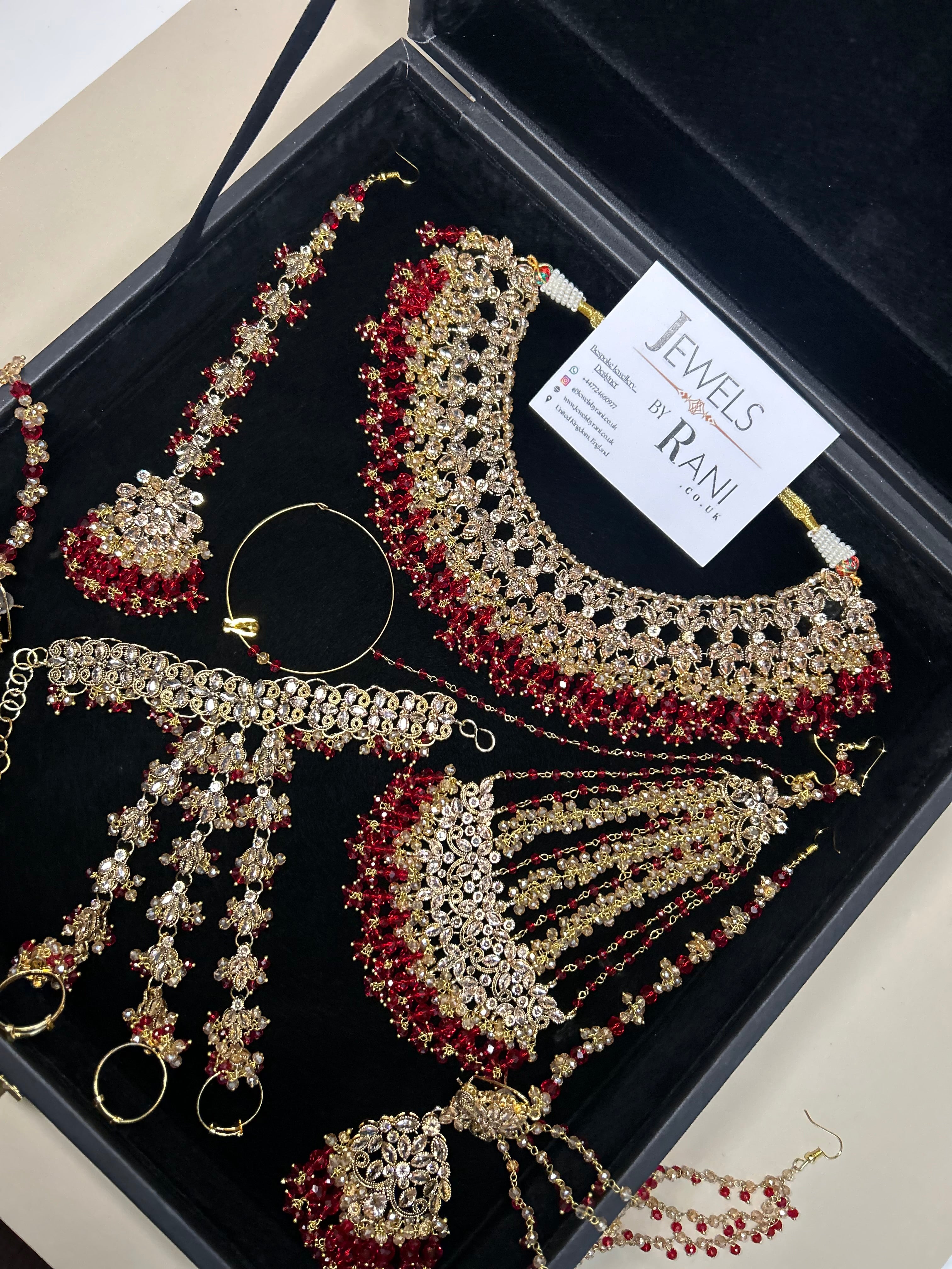 PRE ORDER: 6 Week Making time- Beautiful Deep Red & Gold 22 crt Gold Plated Bridal Jewellery Set + hand piece