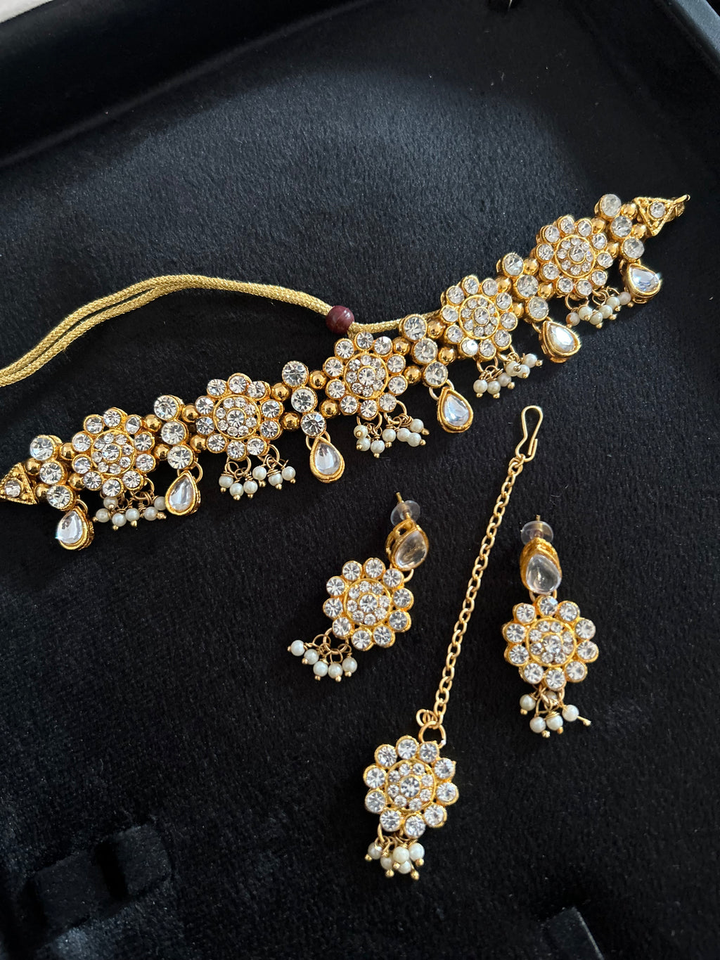 Beautiful Light Weight Silver and White Choker with Earrings and Tikka