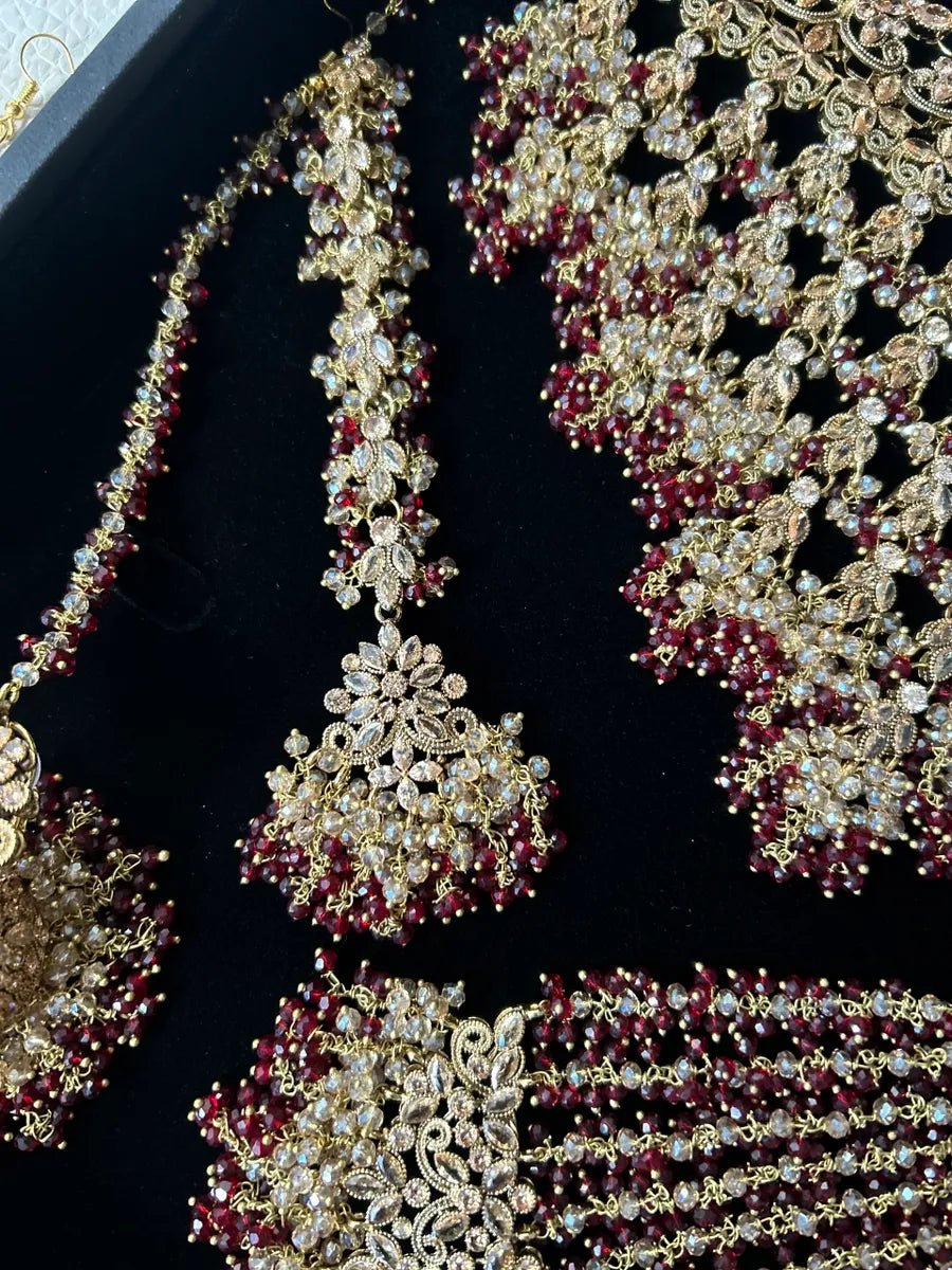24 crt Gold Plated Dangle necklace Maroon and Gold beading - Bridal Jewellery Set