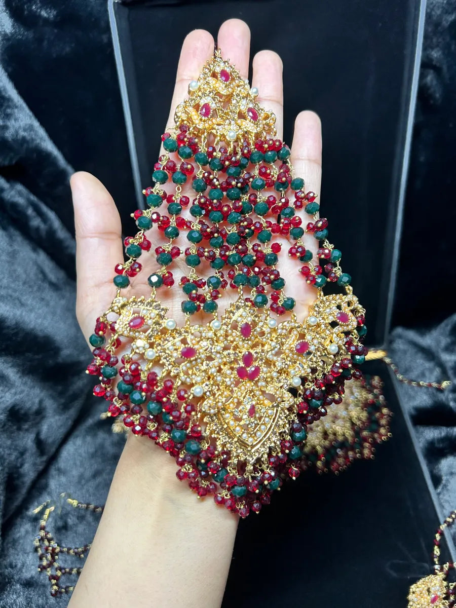 Green, Gold & Maroon Bridal Jewellery set, with heavily beaded earrings & tikka. - Jewelsbyrani