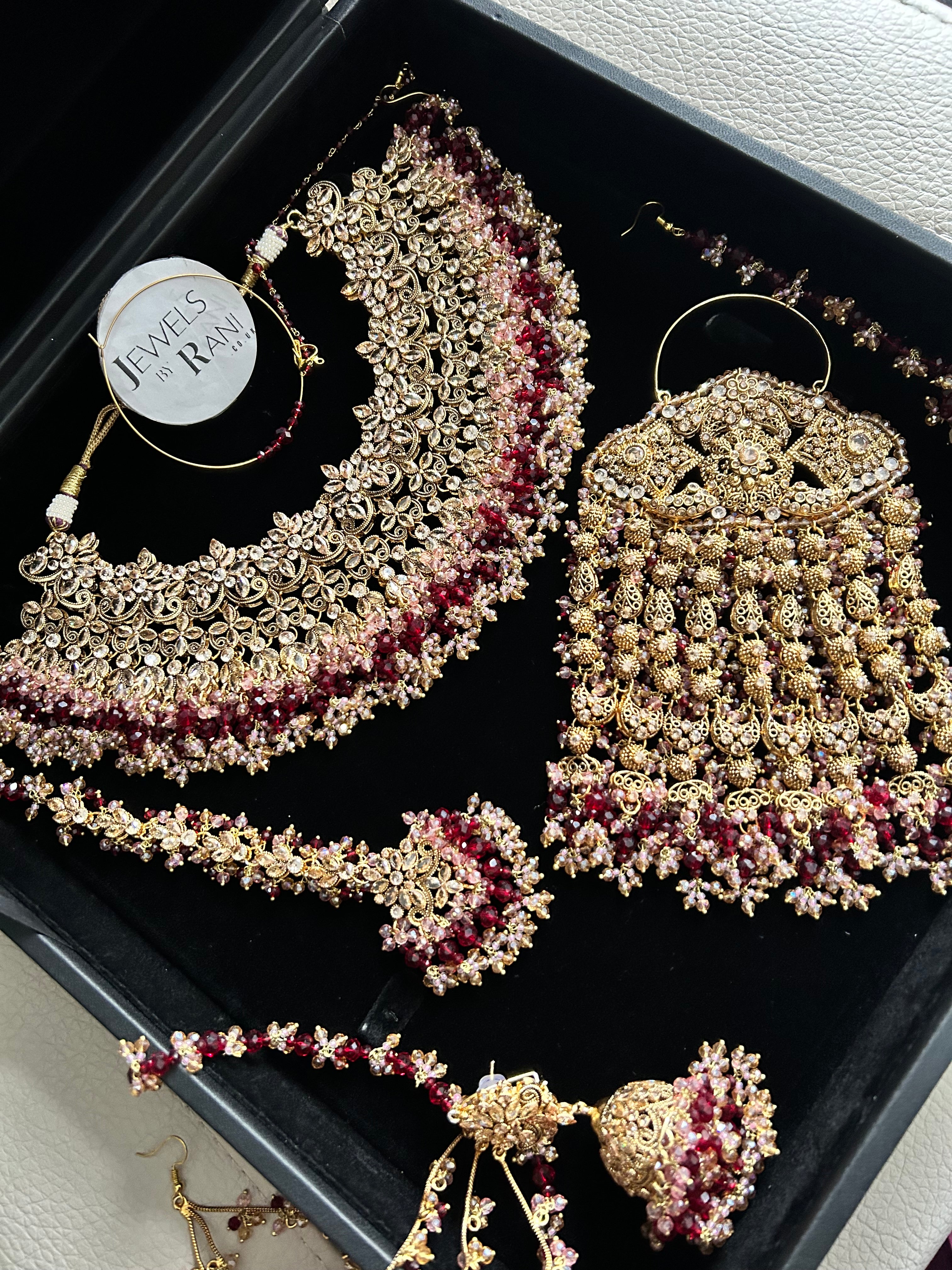 Pre order 6 Weeks - Stunning Detailed Maroon and Pink Bridal Jewellery Set - Jewelsbyrani