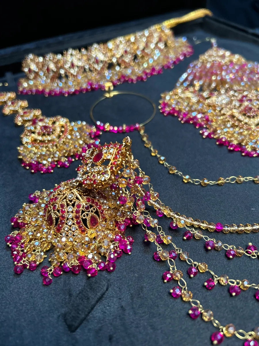 Beautiful Mehndi Choker Hot Pink & Gold Bridal Set - Jewelsbyrani