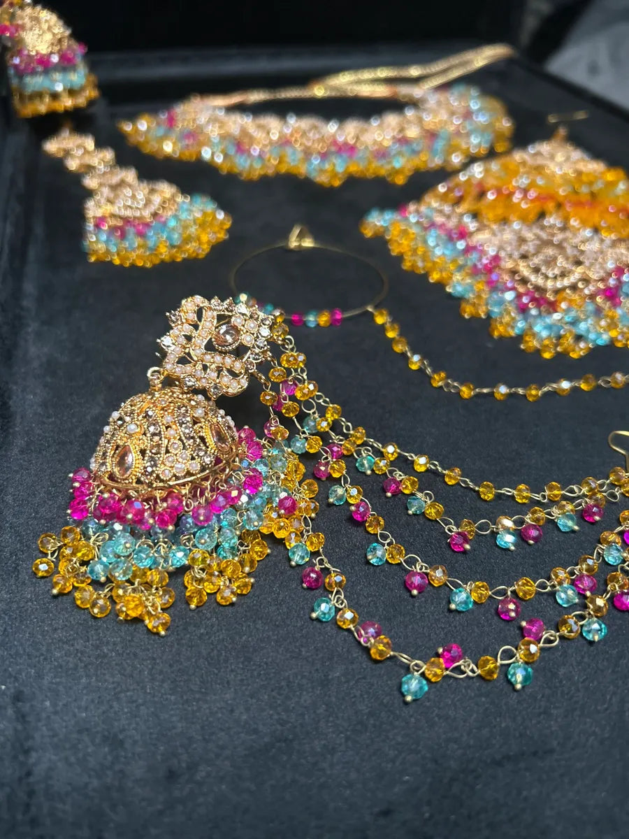 Mustard, Light Blue & Hot Pink coloured necklace set, with heavily beaded Jhumkies & tikka | Gold Stones