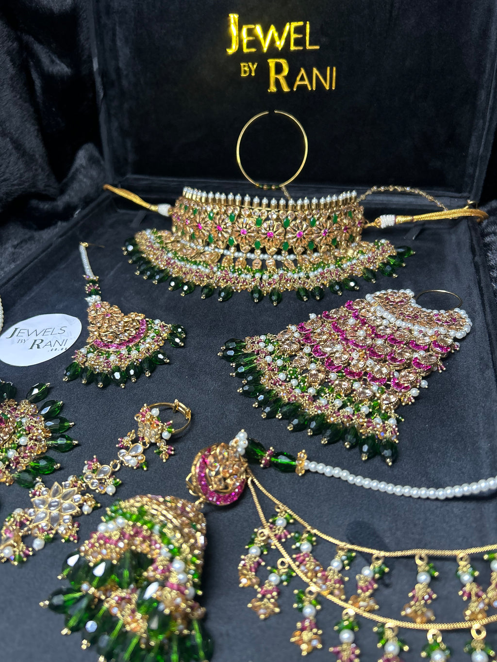Pre order No gold plate: Same set, Crystals changed to a lighter green, Jhumkies made smaller, NO JHUMAR, Needed July 15th