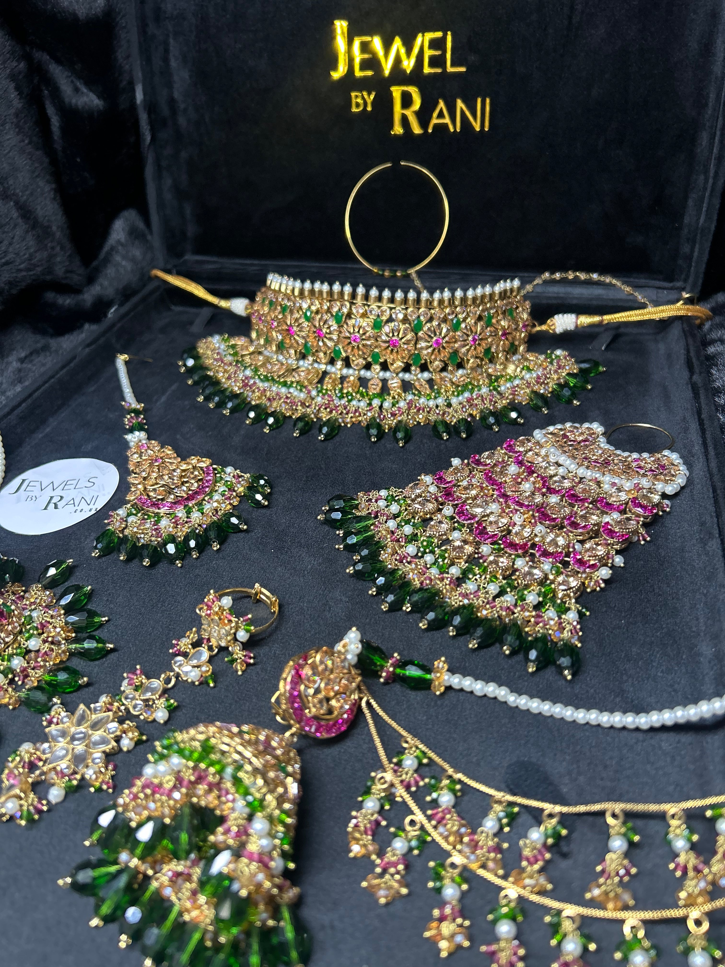 Pre order No gold plate: Same set, Crystals changed to a lighter green, Jhumkies made smaller, NO JHUMAR, Needed July 15th