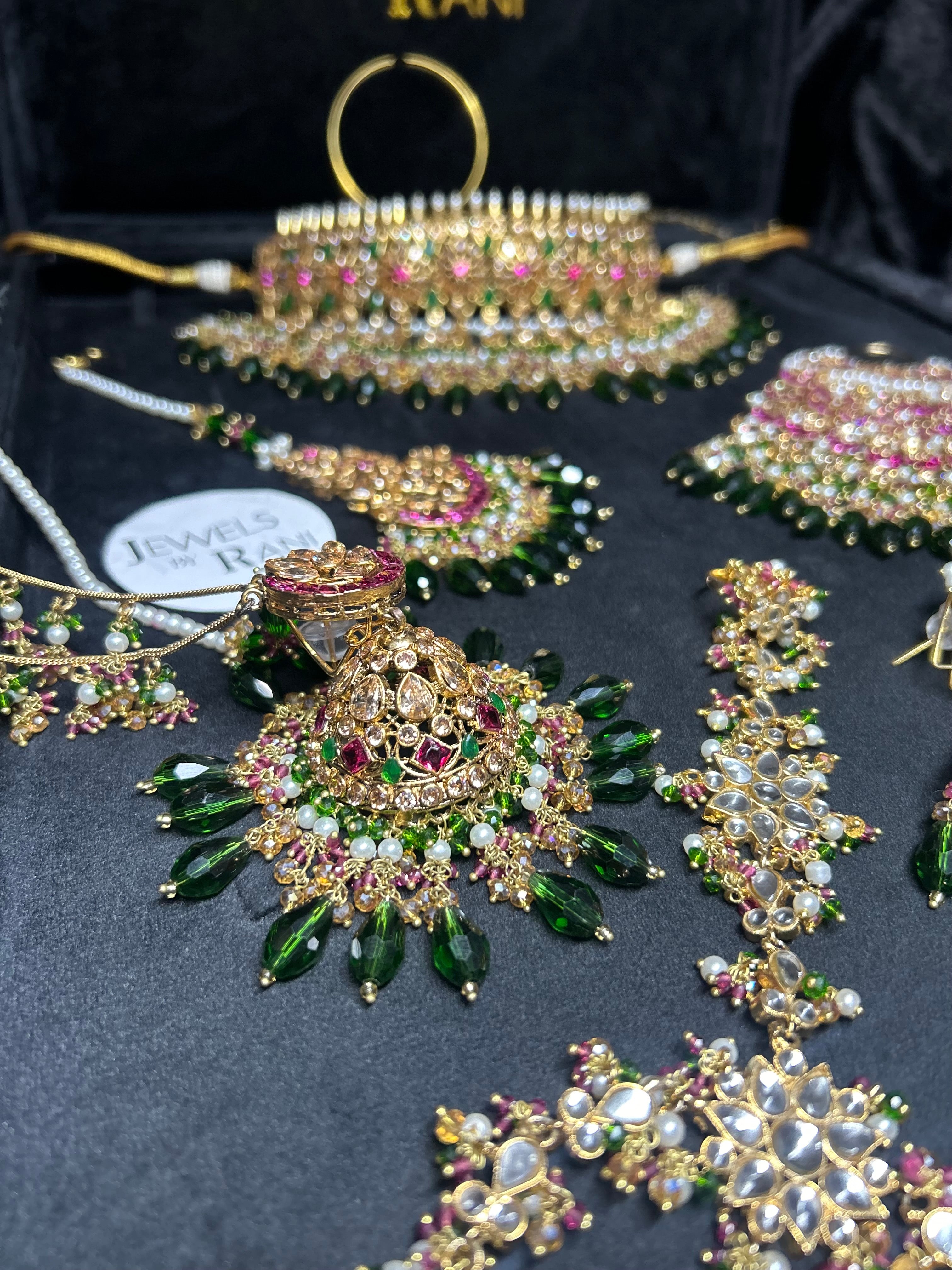 Pre order No gold plate: Same set, Crystals changed to a lighter green, Jhumkies made smaller, NO JHUMAR, Needed July 15th