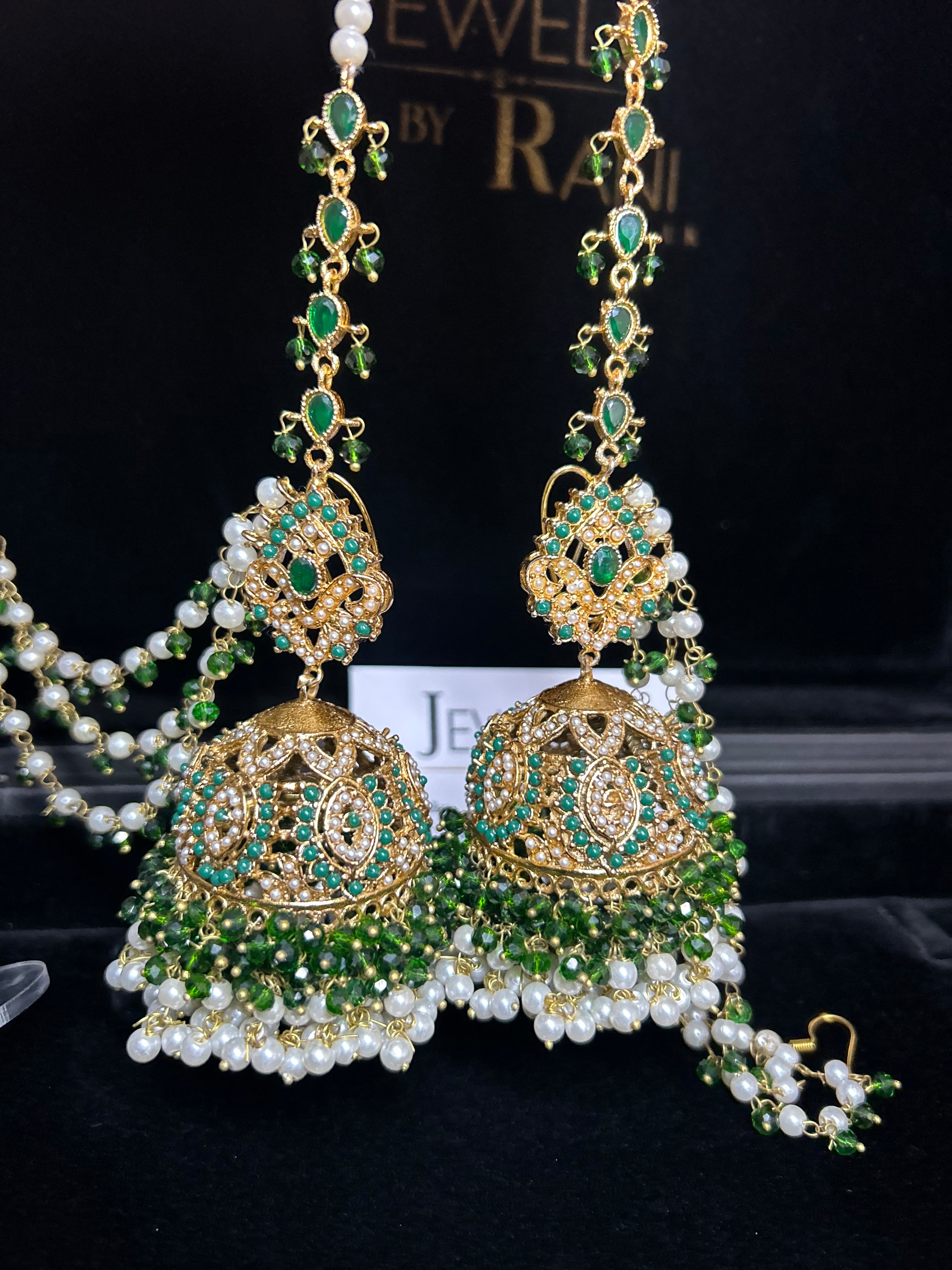 Green and White Multi Coloured Jhumkes & Tikka Set