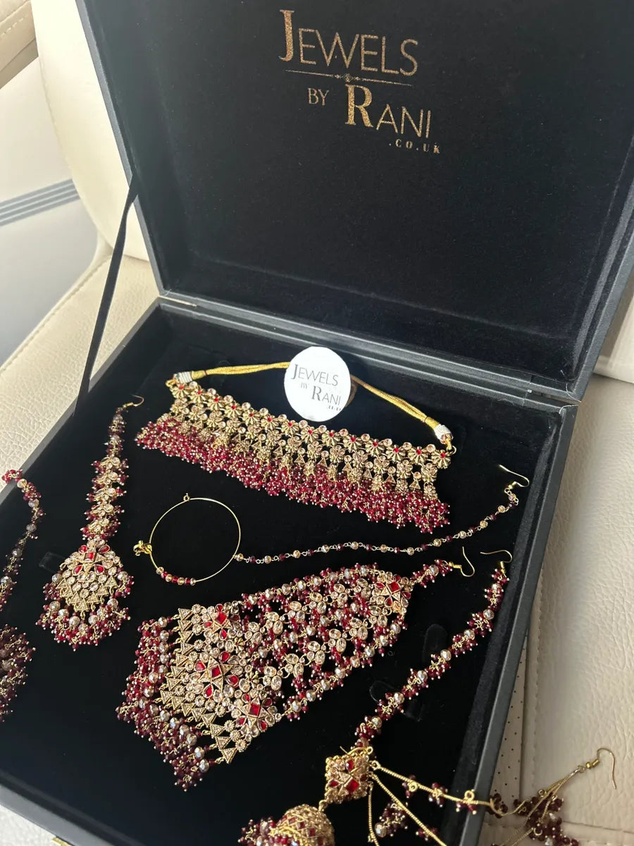 24 crt Gold Plated Beautiful Maroon and Gold beaded Choker Bridal Jewellery Set