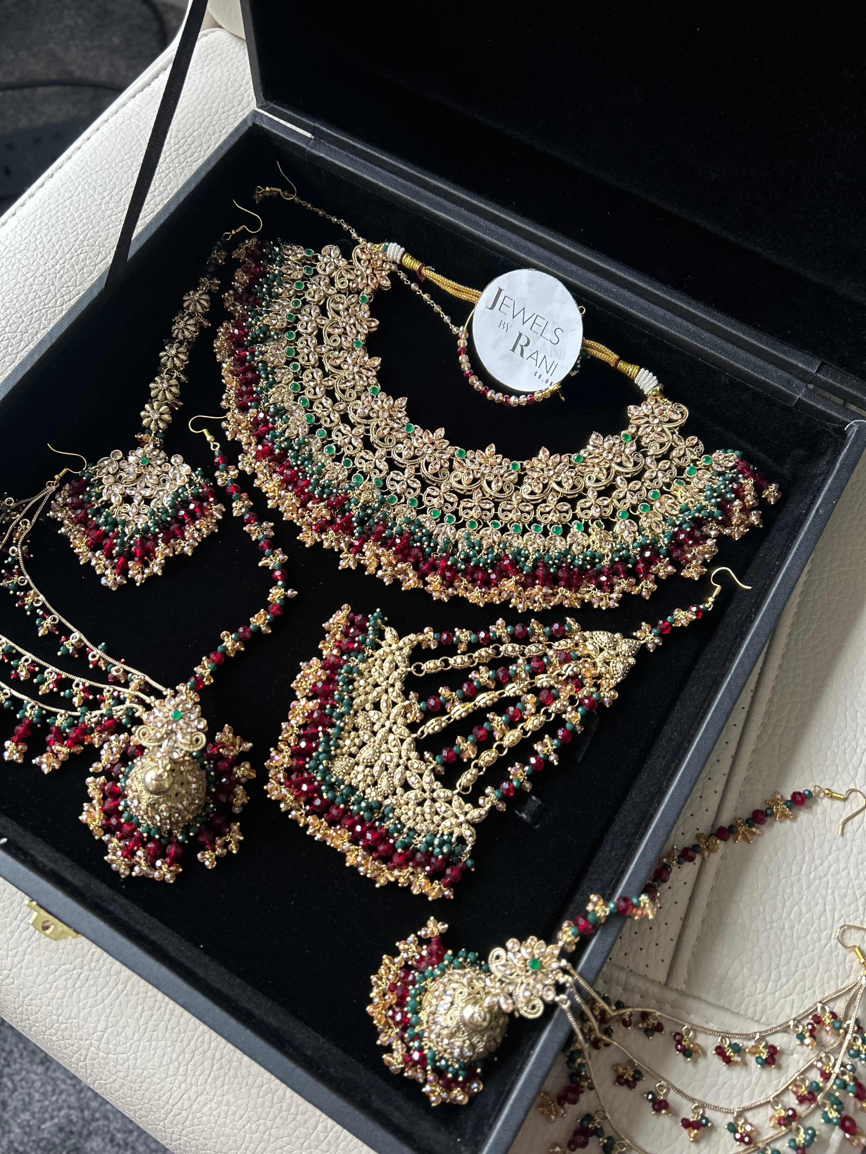Pre order 6 Weeks - Stunning Detailed Green and Maroon Bridal Jewellery Set