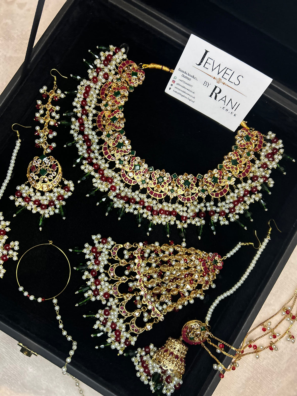 Beautiful Dark Red, Green Drop Crystal and White Kundan Full Bridal Jewellery Set/ Style 17304