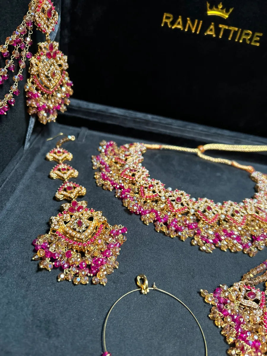 Beautiful Hot Pink & Gold Bridal Necklace Mehndi Set - Jewelsbyrani
