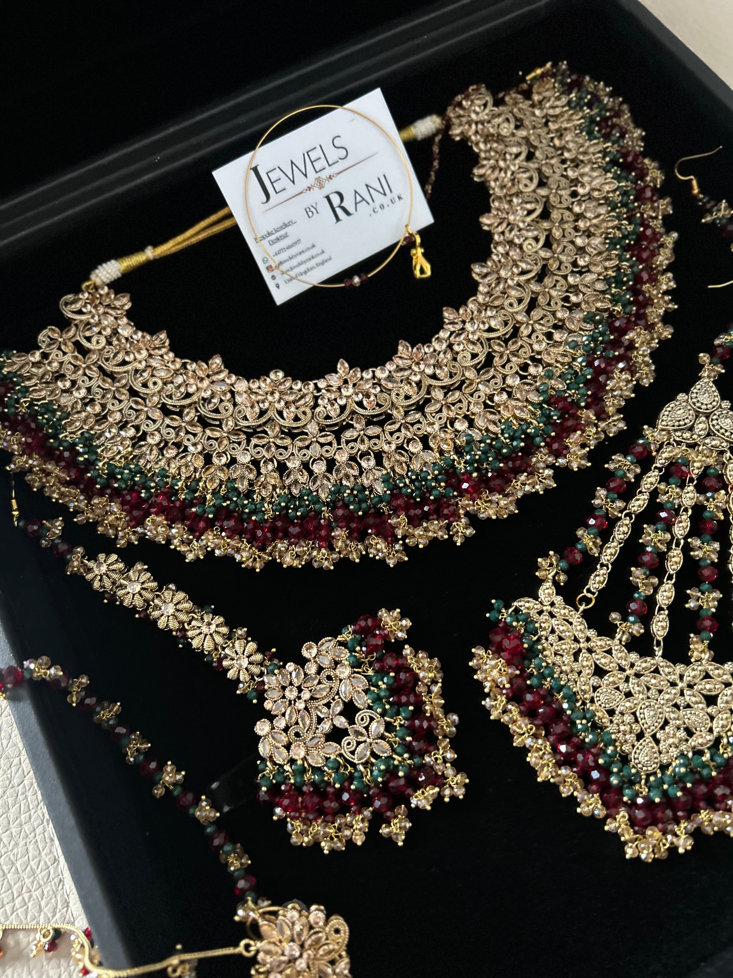 Pre order 6 Weeks - Stunning Detailed Green and Maroon Bridal Jewellery Set Larger Necklace