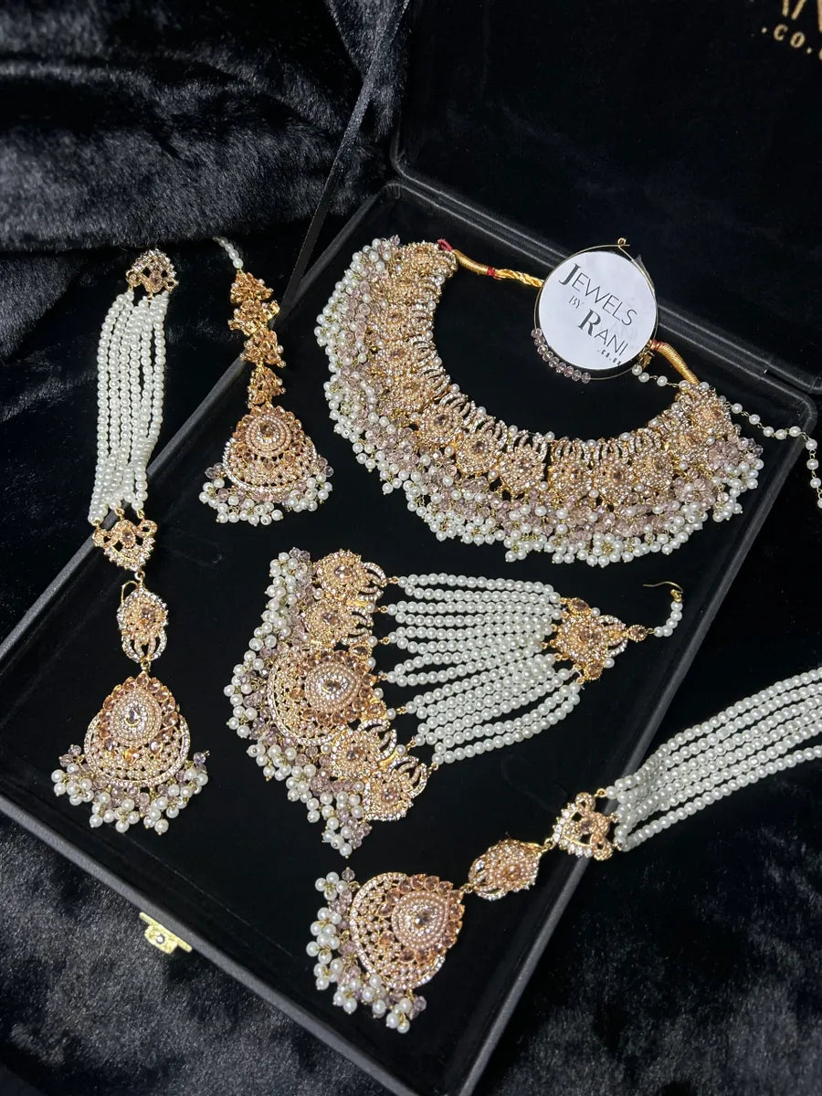 Beautiful, Detailed Baby Pink & Gold Bridal Set - Jewelsbyrani