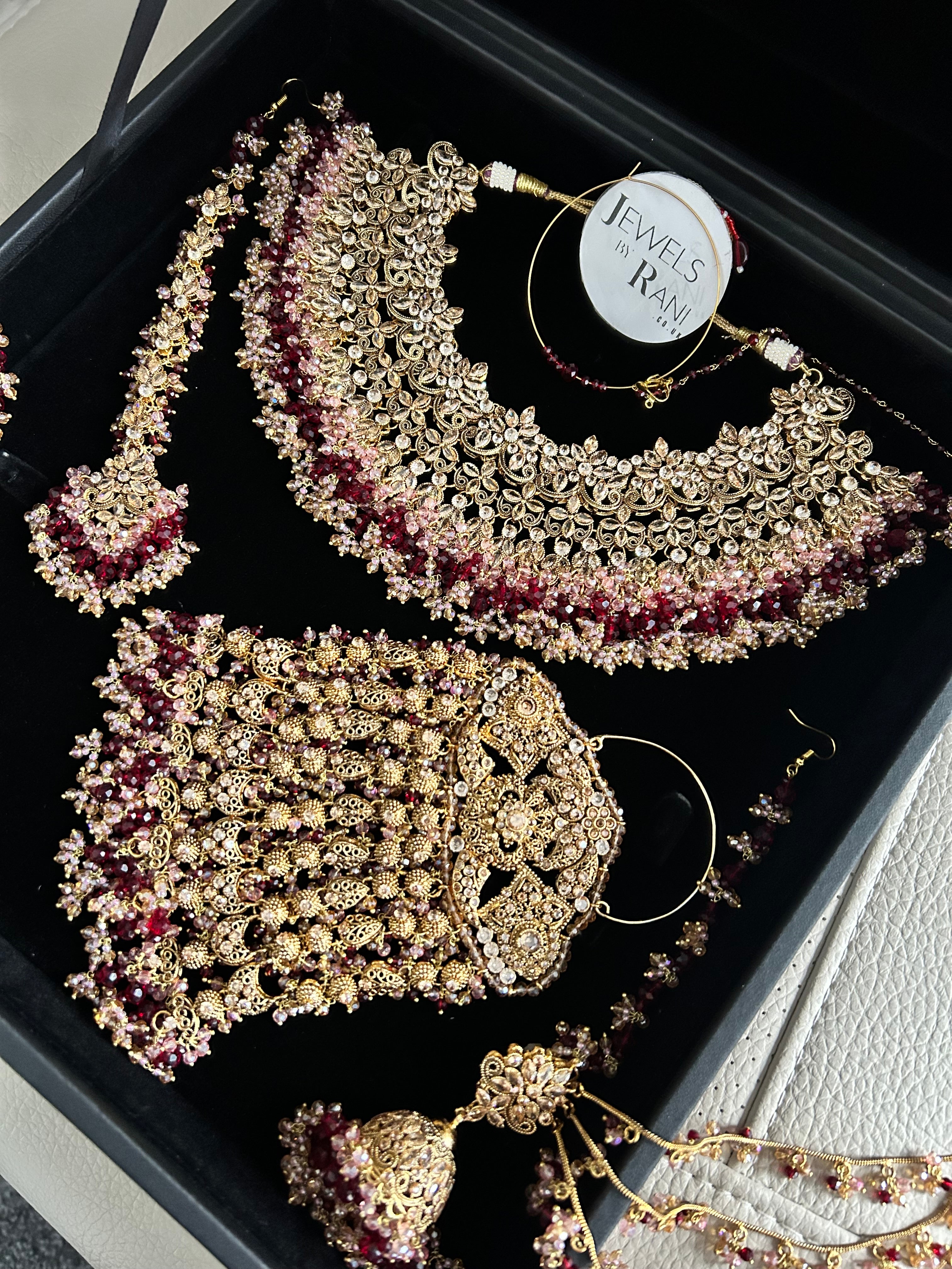 Pre order 6 Weeks - Stunning Detailed Maroon and Pink Bridal Jewellery Set - Jewelsbyrani