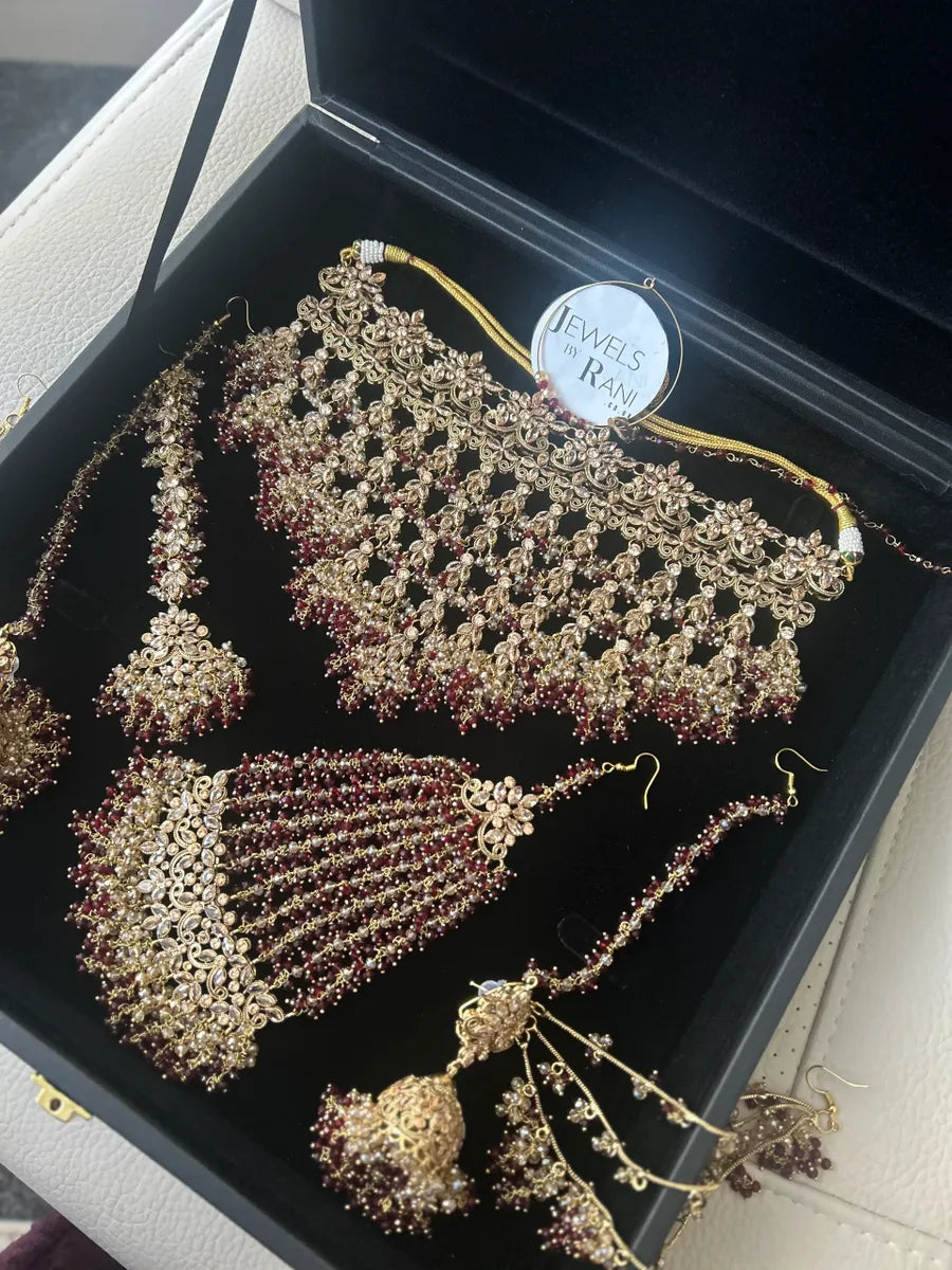 24 crt Gold Plated - Beautiful Maroon Pakistani Bridal Jewellery Set - Jewelsbyrani