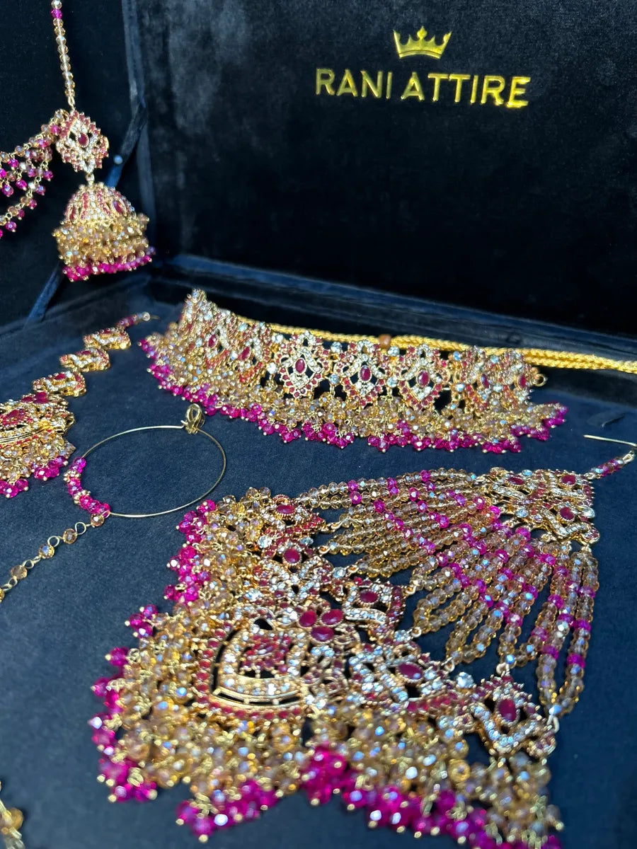 Beautiful Mehndi Choker Hot Pink & Gold Bridal Set - Jewelsbyrani