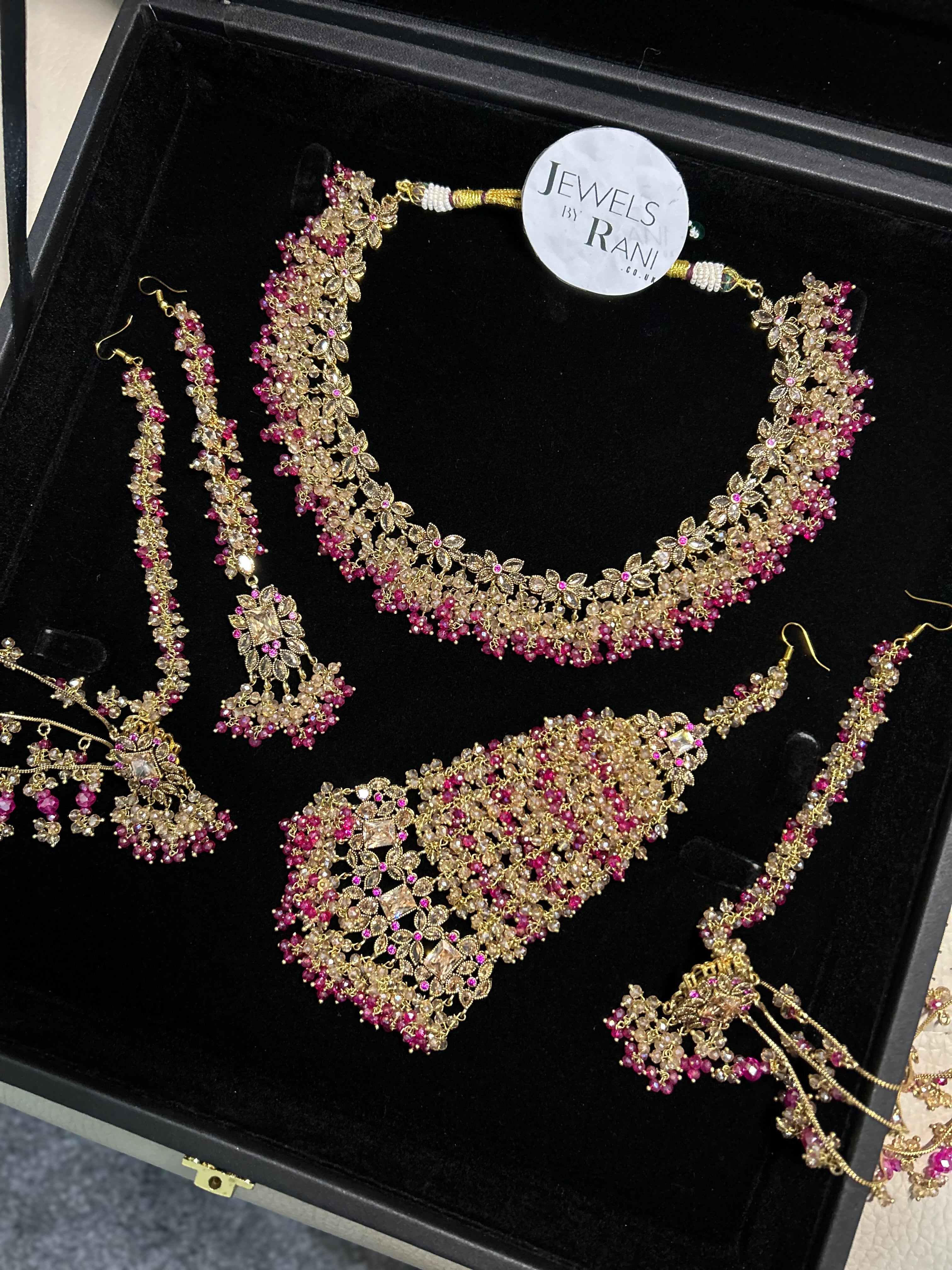 Beautiful Hot Pink and Gold Bridal Jewellery Set 22crt Gold Plated