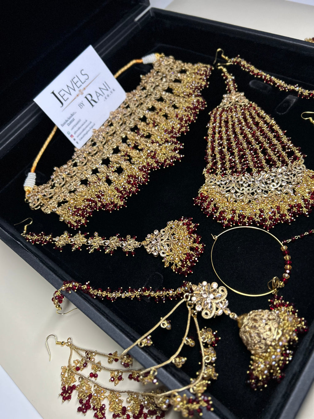 PRE ORDER: 6 Week Making time- Beautiful Maroon & Gold Dangle Necklace  22crt Gold Plated Bridal Jewellery Set