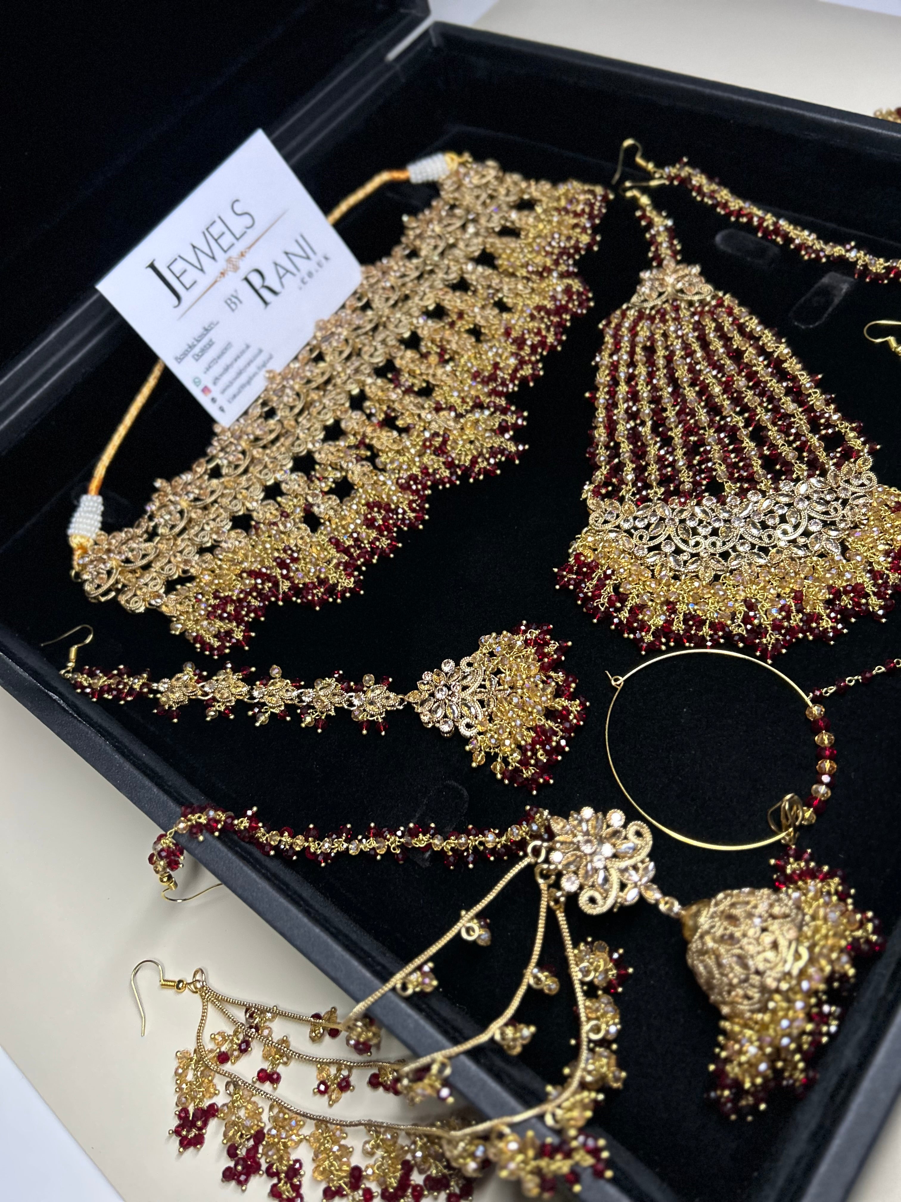 PRE ORDER: 6 Week Making time- Beautiful Maroon & Gold Dangle Necklace  22crt Gold Plated Bridal Jewellery Set