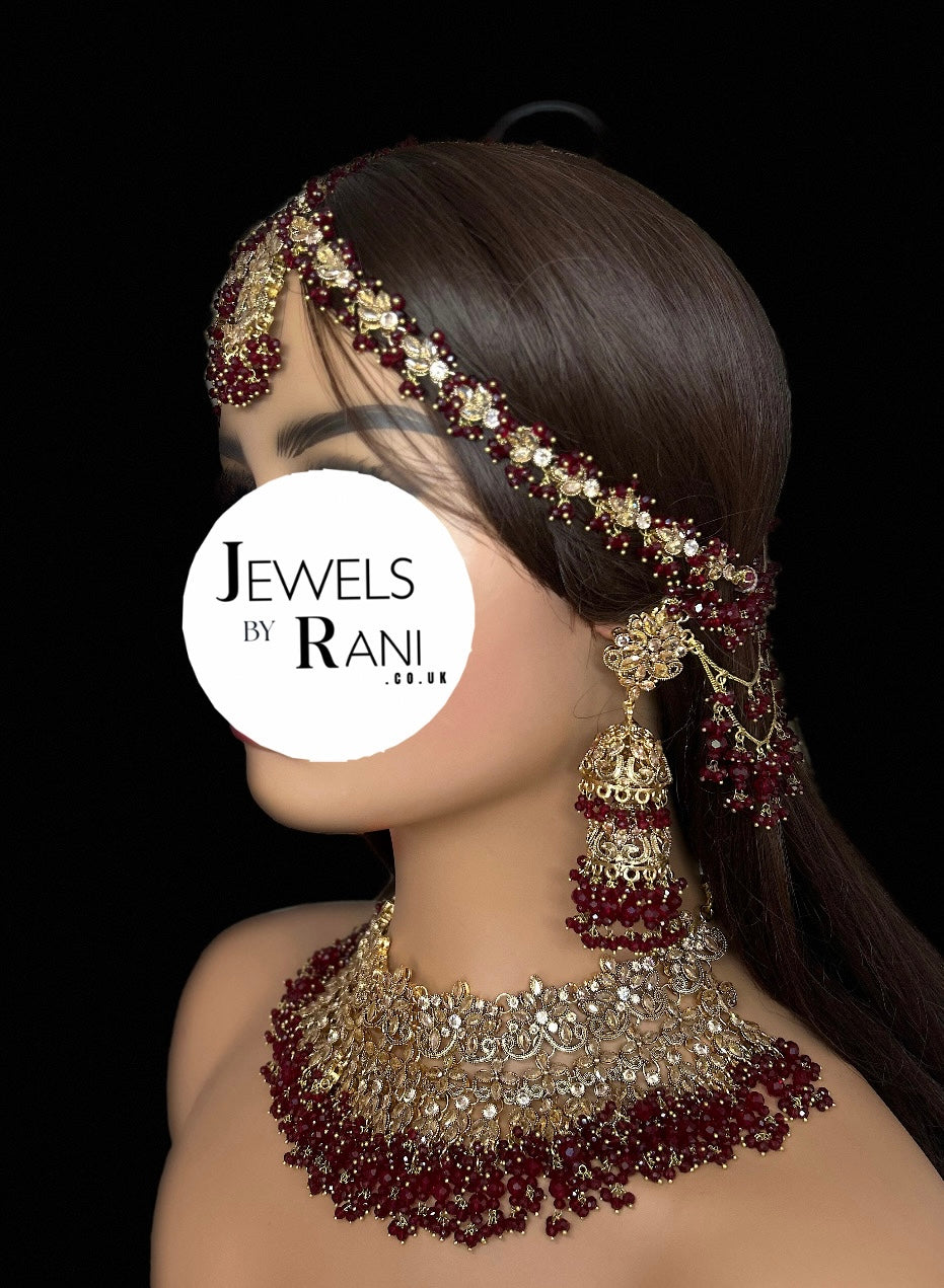 Pre Order 6 Weeks- Maroon Matha Patti Bridal Jewellery Set