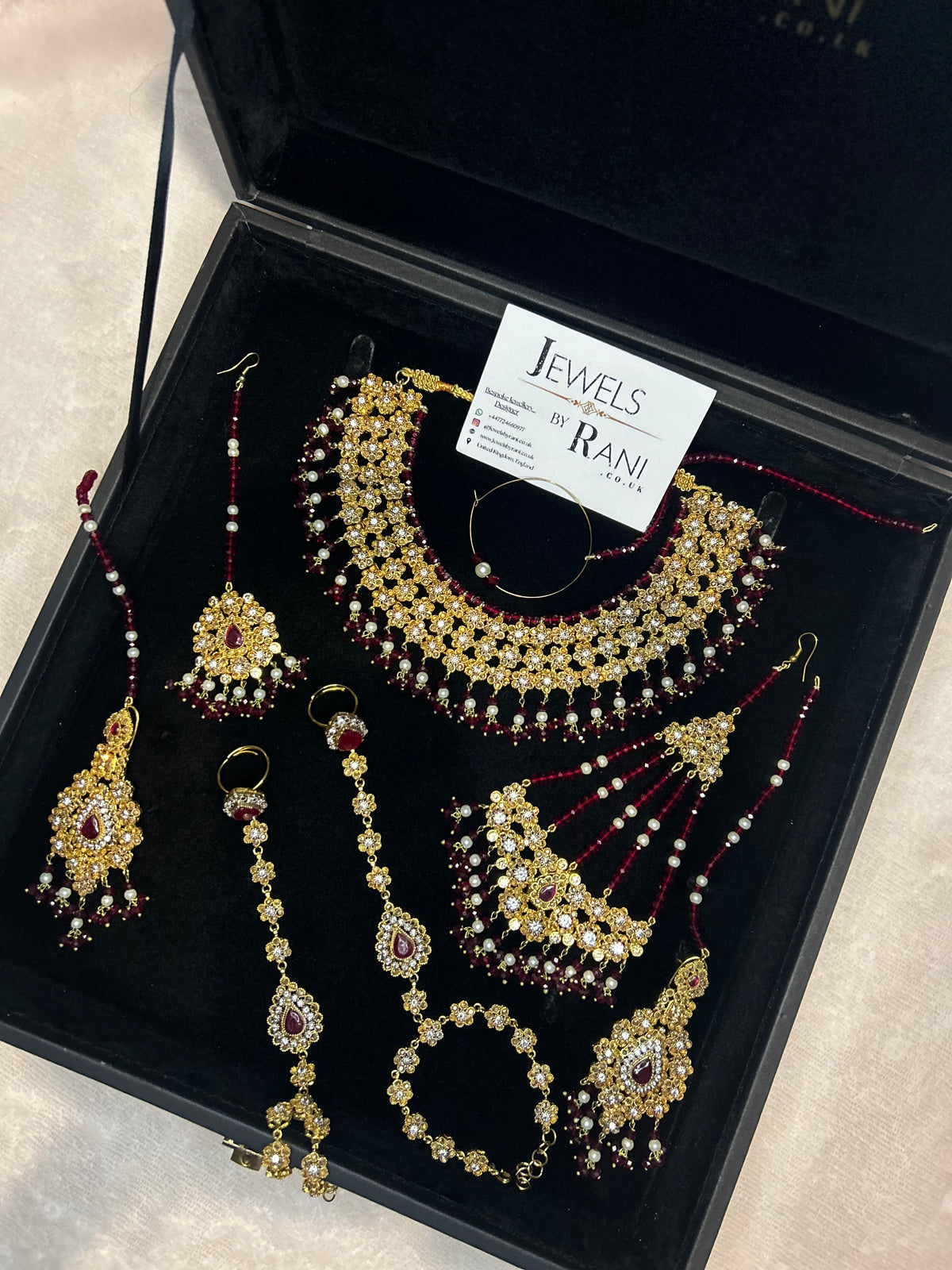 Beautiful Maroon & White Pakistani Necklace Set Full Bridal Jewellery Set | Including 2 Hand Pieces | Style 7279