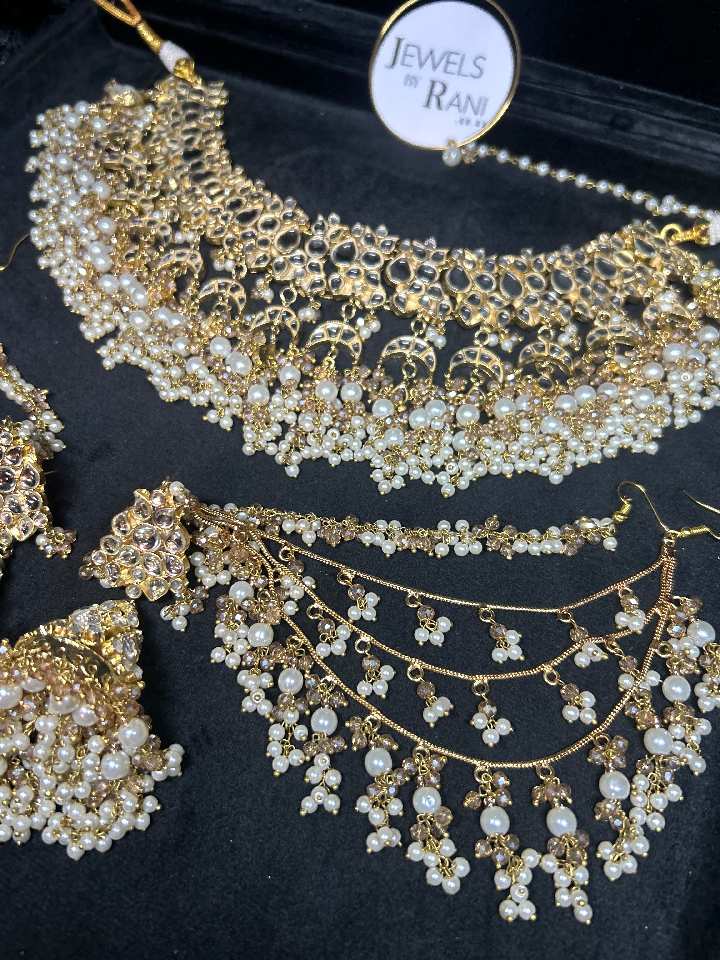 Pre order 6 Weeks - White Kundan Bridal Jewellery Set Matha Patti, Necklace and Jhumkies + nose ring 22crt Gold Plated