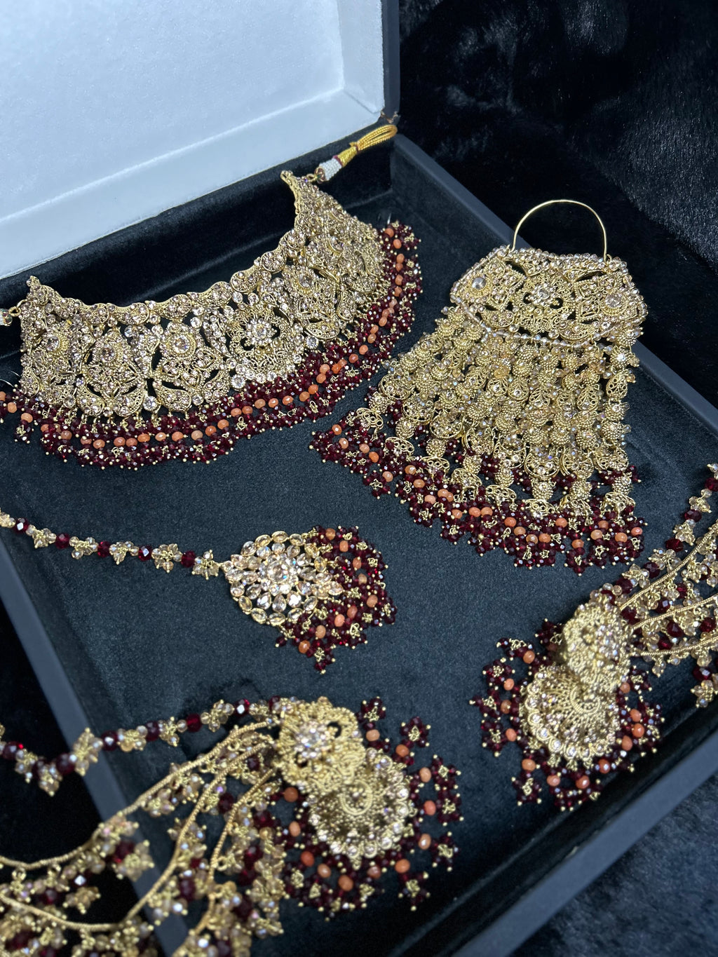 Pre order - 22 crt Gold Plated - Beautiful Maroon and Burnt Orange  Pakistani Bridal Jewellery Set