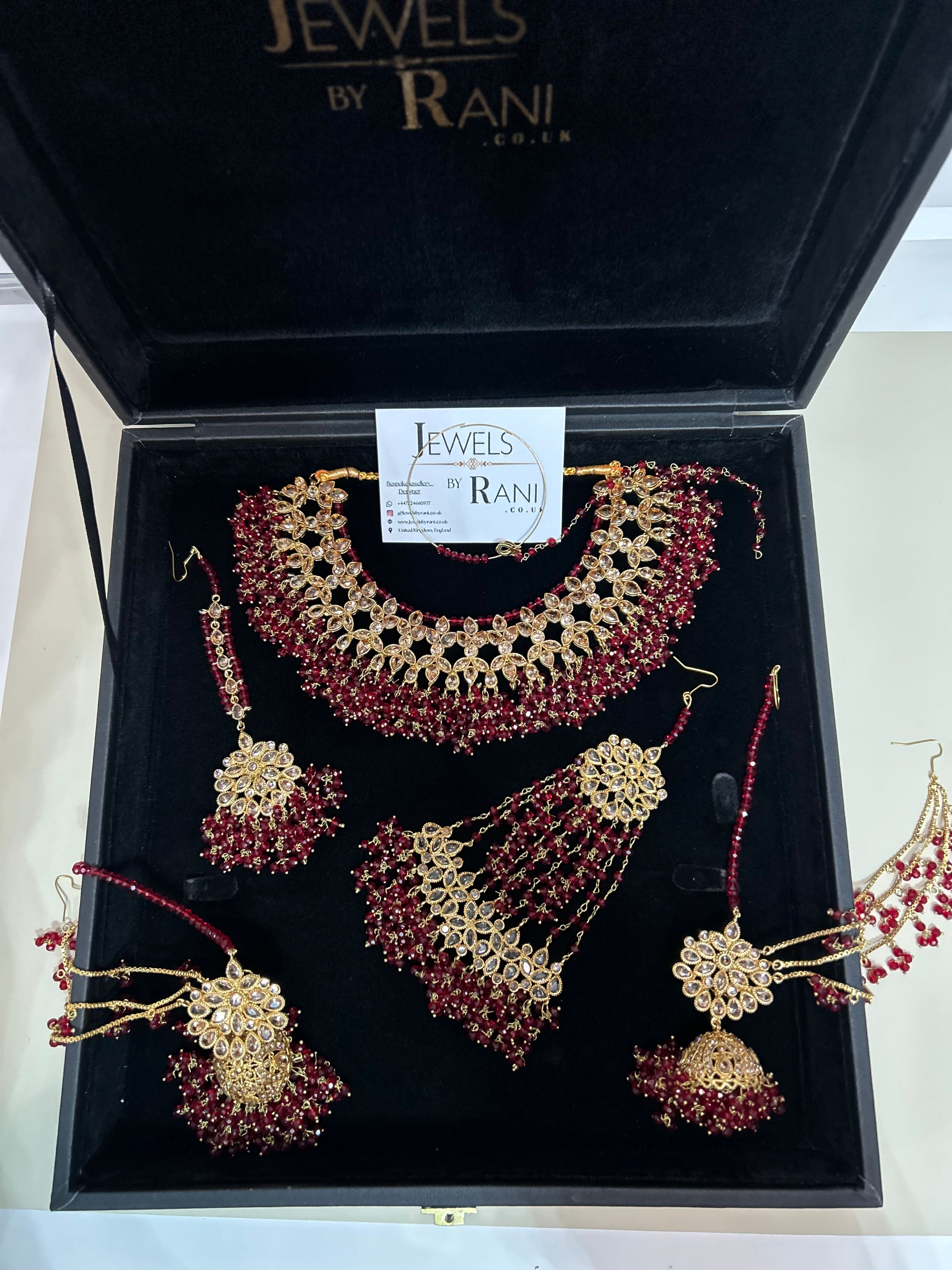 Deep Red Necklace set, with heavily beaded Earrings & tikka