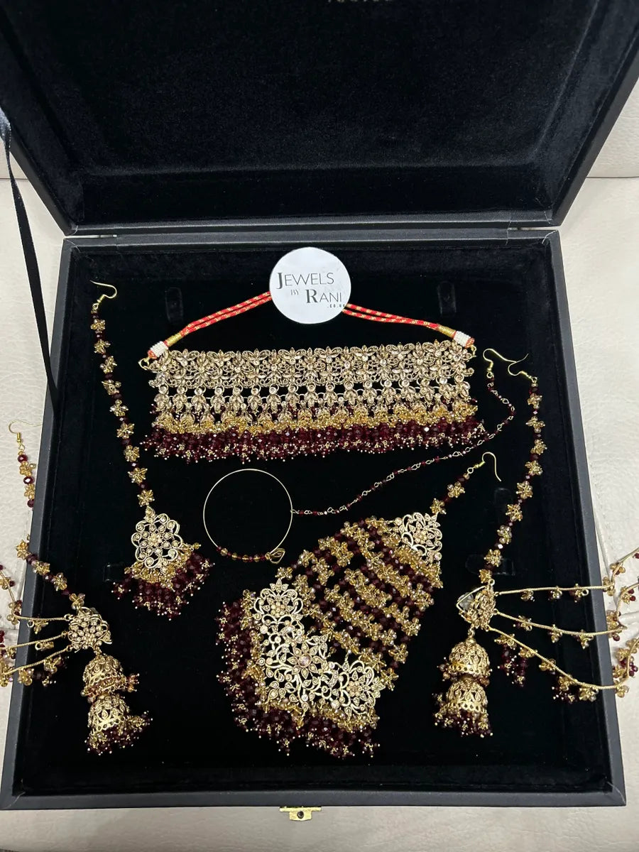 Trending Pakistani Choker Maroon Full Bridal Jewellery Set/ Style 95 - Jewelsbyrani