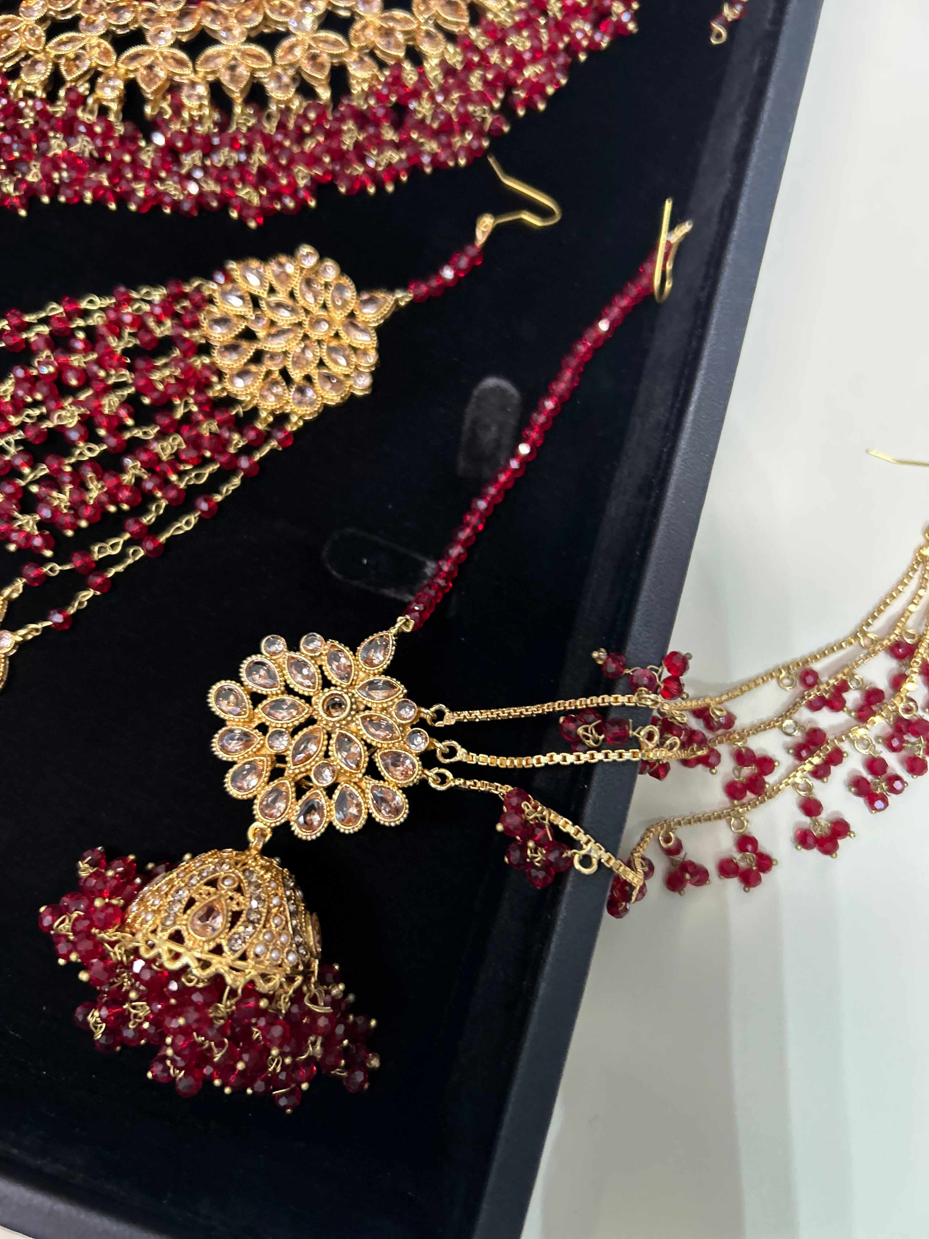 Deep Red Necklace set, with heavily beaded Earrings & tikka