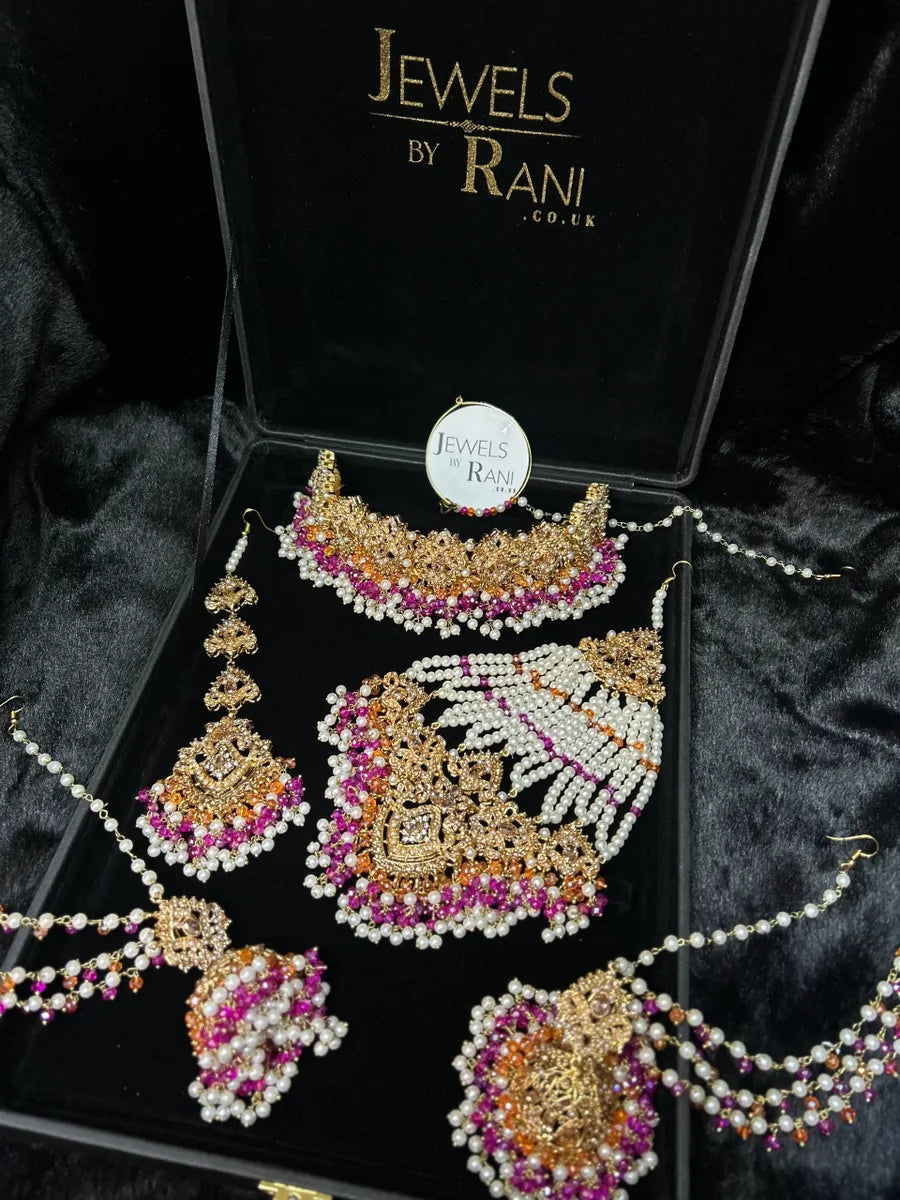Multi Choker Orange & Hot Pink coloured necklace set, with heavily beaded Jhumkies & tikka - Jewelsbyrani