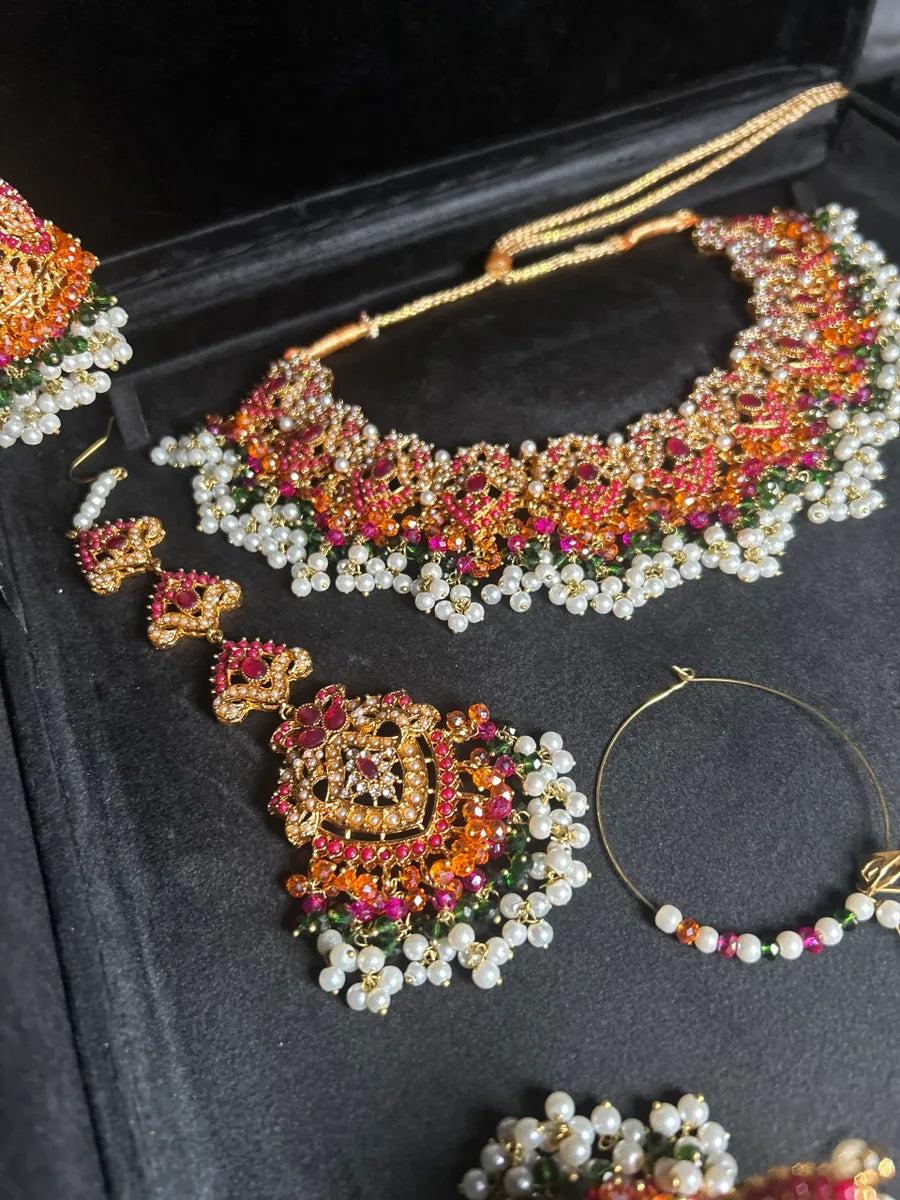 Multi White, Green, Orange & Hot Pink coloured necklace set, with heavily beaded Jhumkies & tikka | Gold Stones