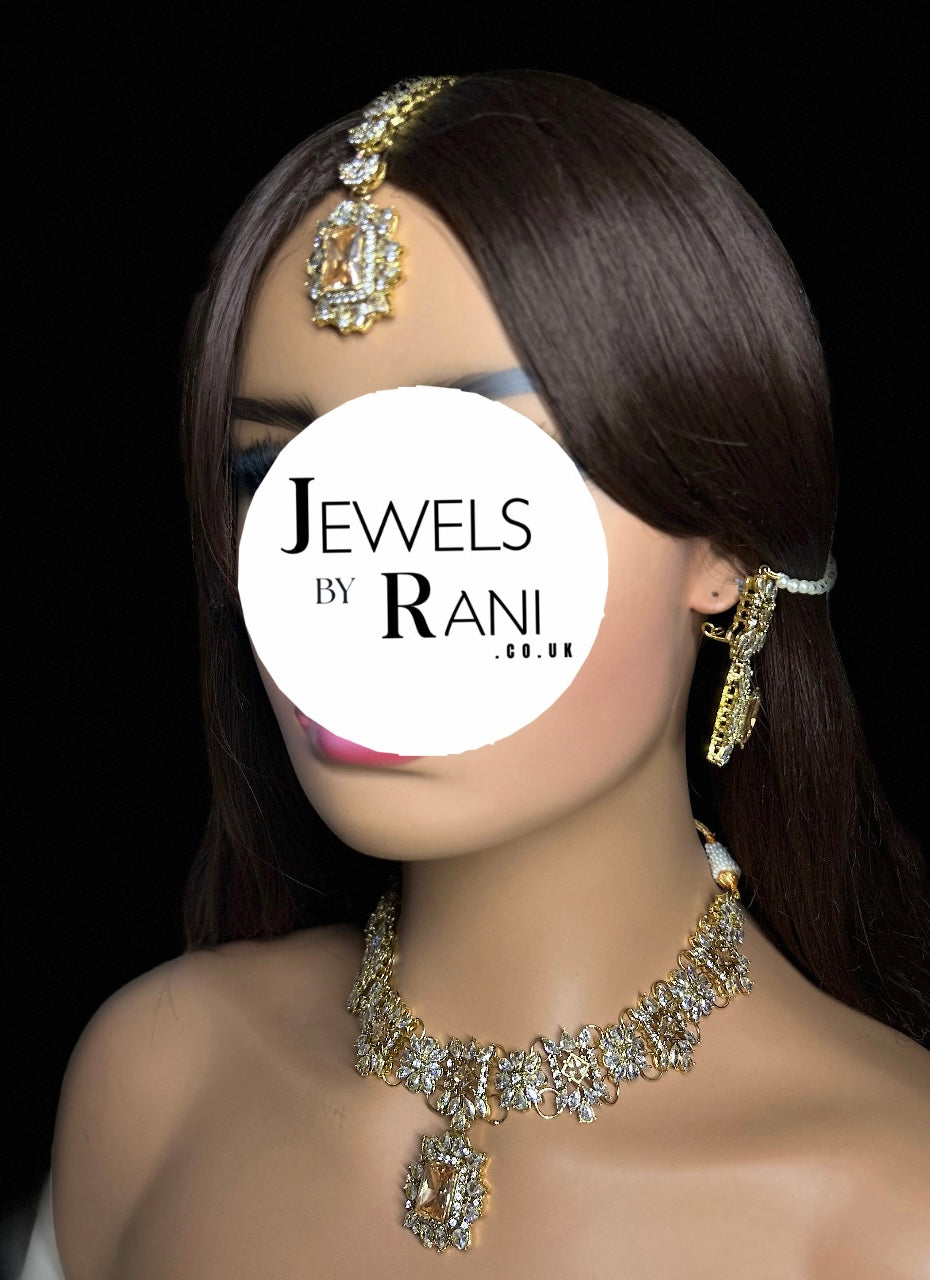 Pre Order 6 Weeks - Beautiful Champagne / Gold Stoned Bridal Jewellery Set Gold Plated