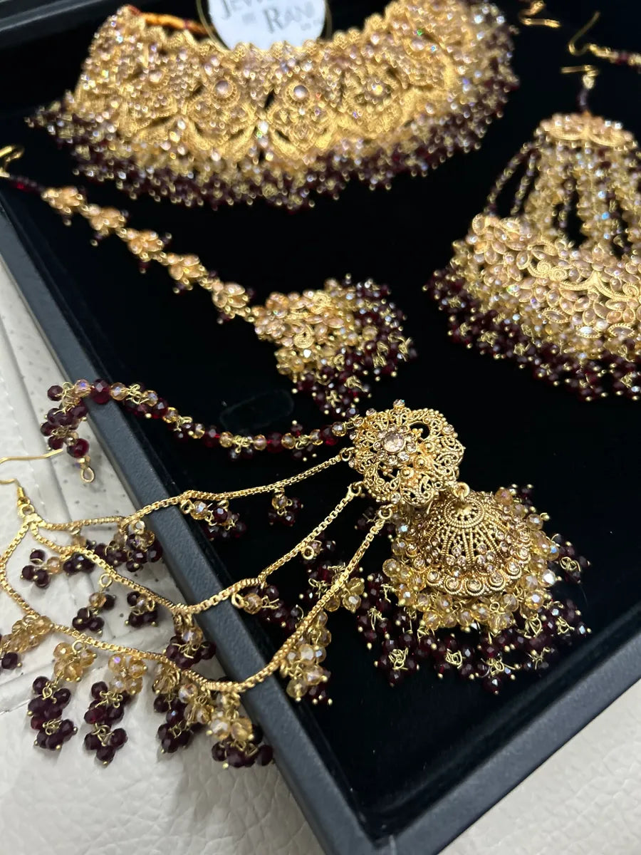 Deep Maroon & Gold Collar Necklace set, with heavily beaded earrings & tikka. - Jewelsbyrani