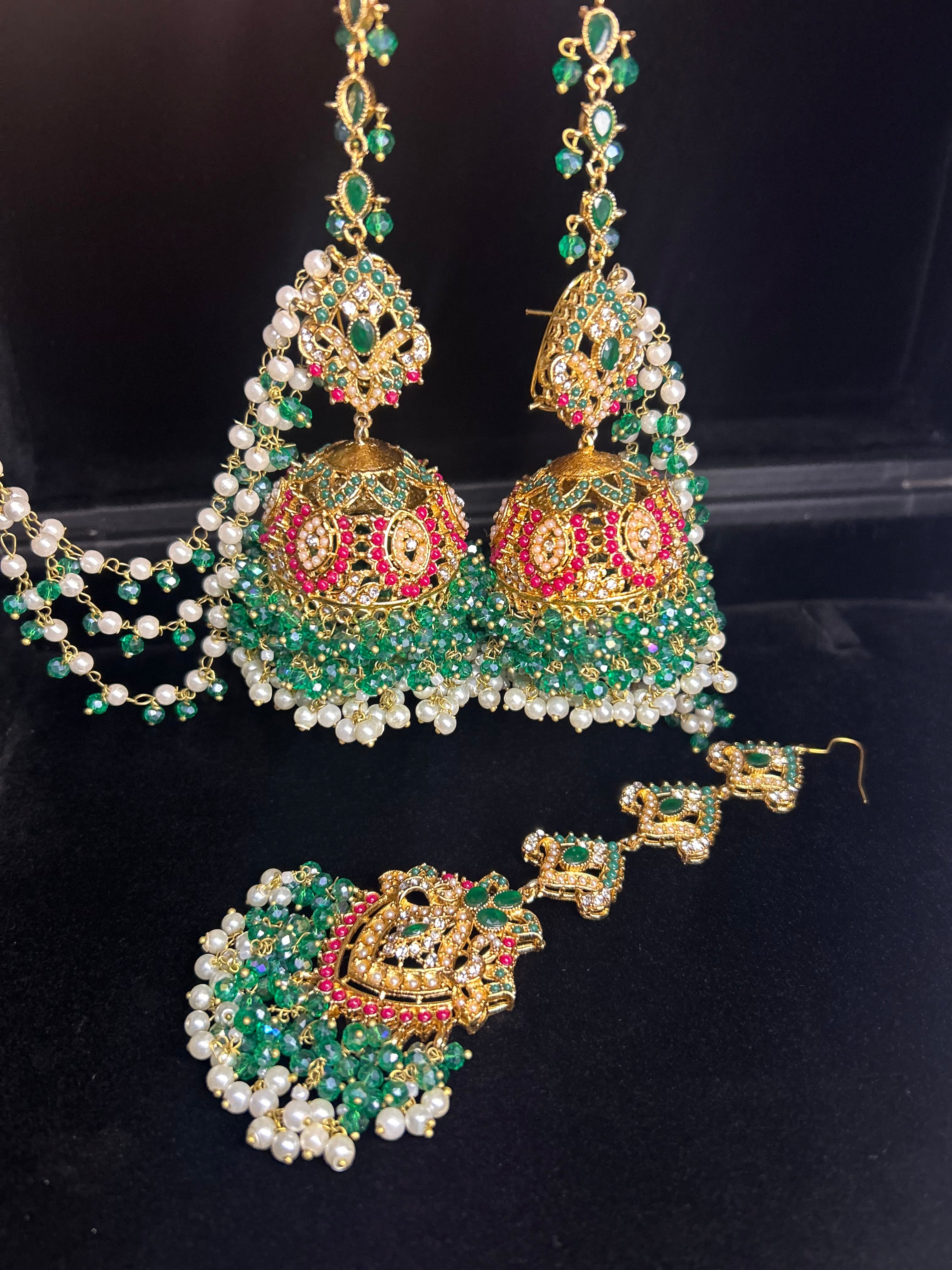 Light Green and White Multi Coloured Jhumkes & Tikka Set