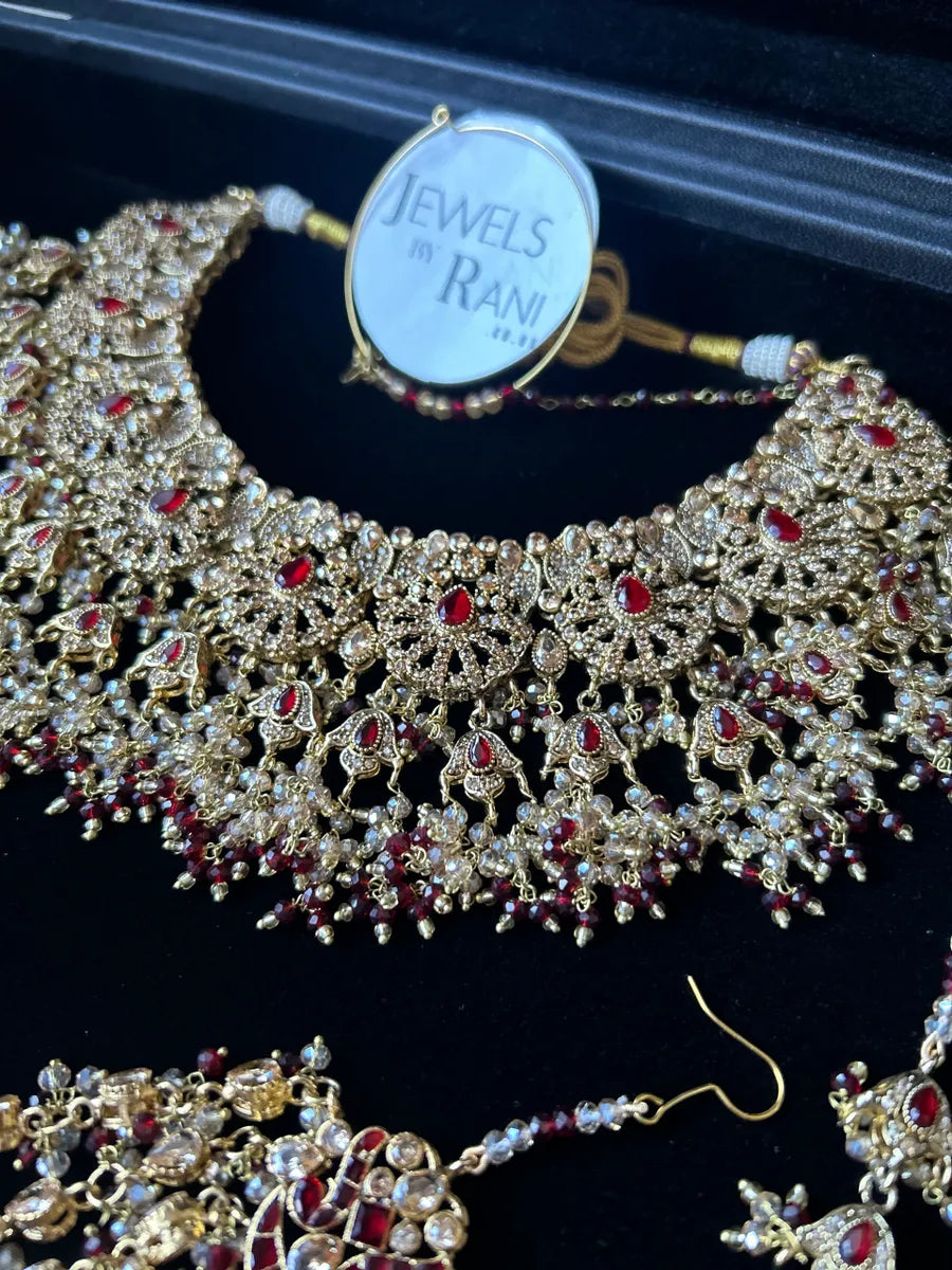 24 crt Gold Plated - Maroon Stones & Maroon and Gold beading - Bridal Jewellery Set