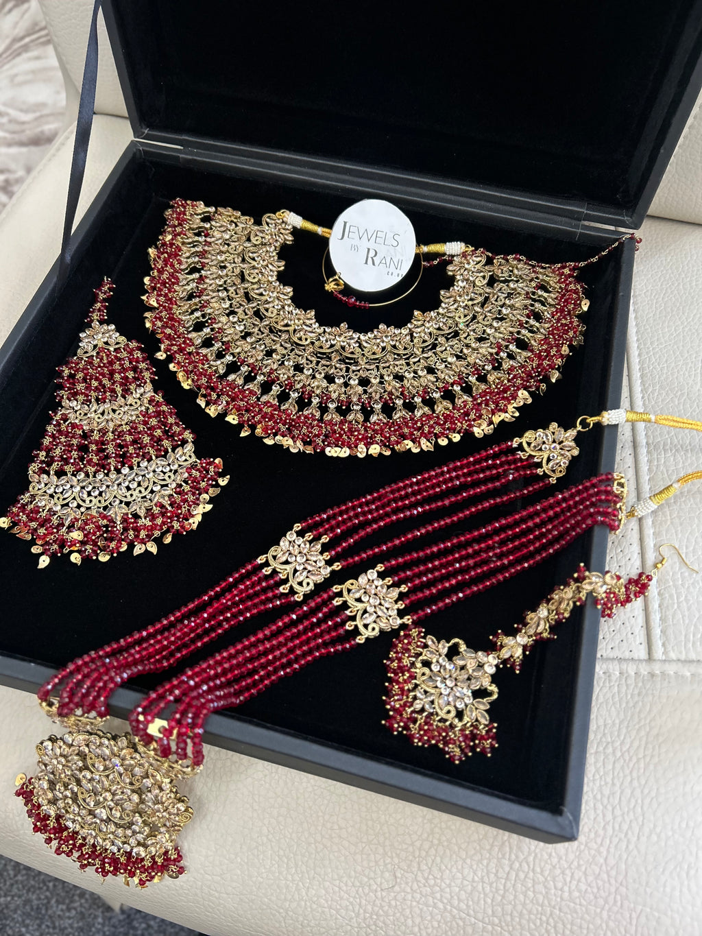 Pre Order 6 Weeks- Deep Red and Gold Large Necklace, Jhumar and Mala Set Perfect for Hijabis