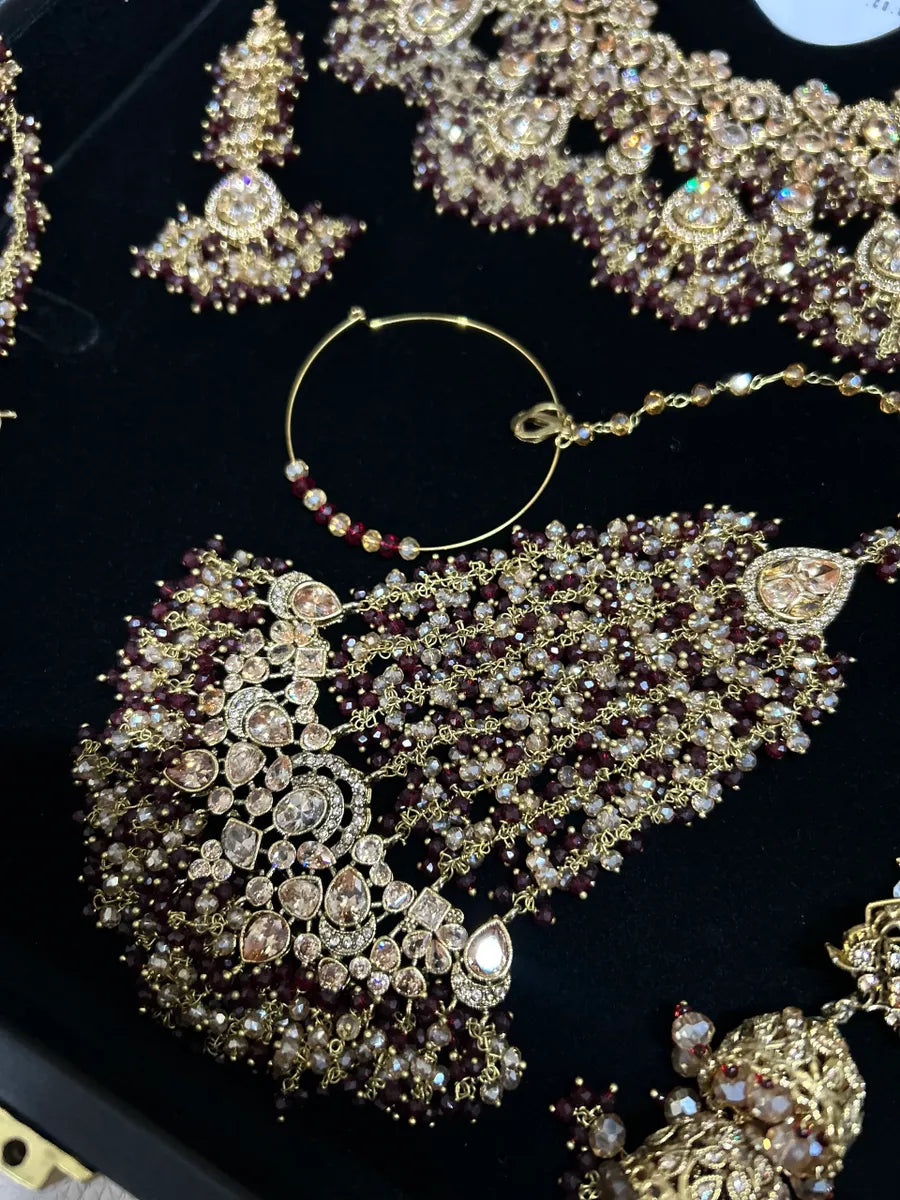 Stunning Maroon and Gold beading - 24 crt Gold Plated Bridal Jewellery Set - Jewelsbyrani