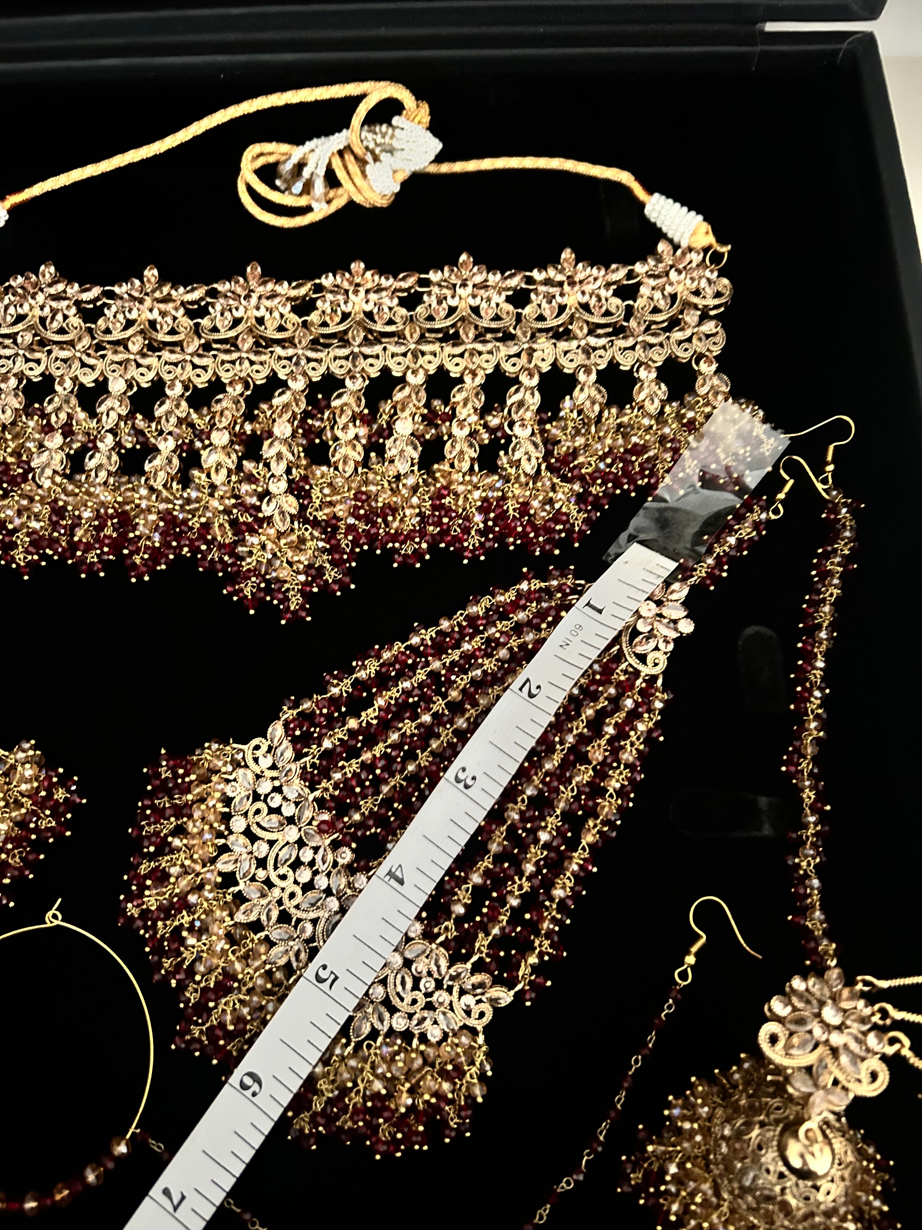 PRE ORDER: 6 Week Making time- Beautiful Maroon & Gold Dangle Necklace  22crt Gold Plated Bridal Jewellery Set