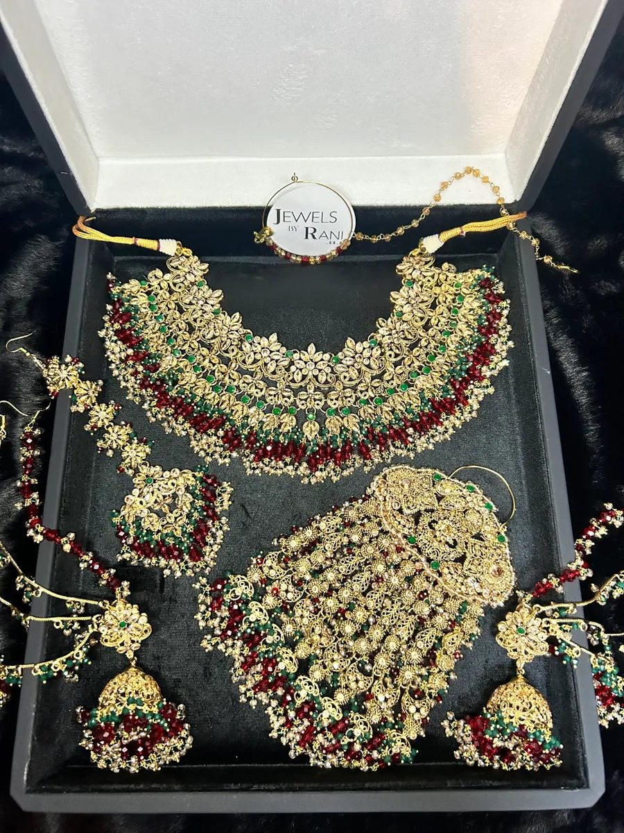 PRE ORDER 6 Weeks - Deep Red & Green Necklace Set - Gold Plated - Jewelsbyrani