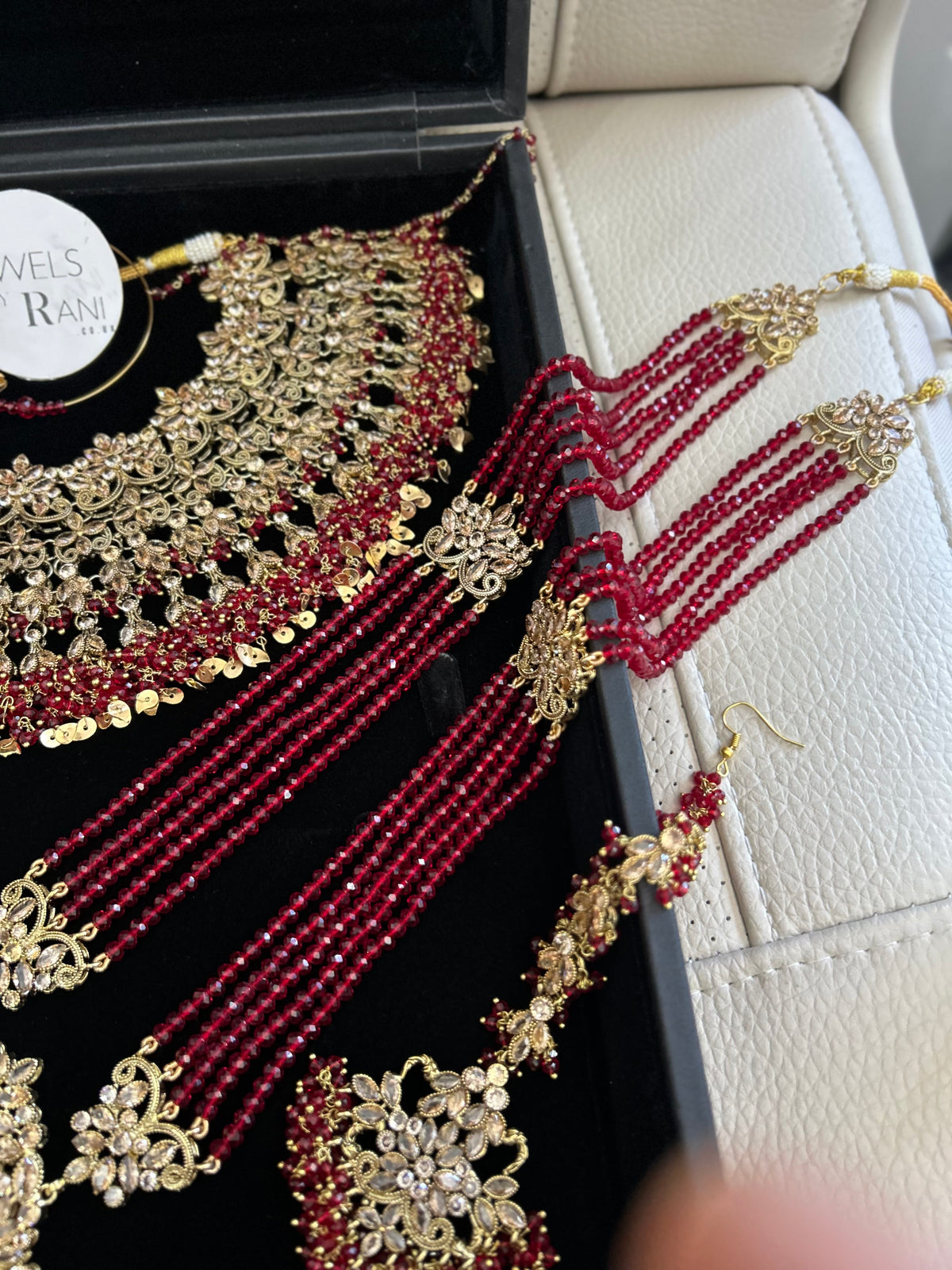 Pre Order 6 Weeks- Deep Red and Gold Large Necklace, Jhumar and Mala Set Perfect for Hijabis