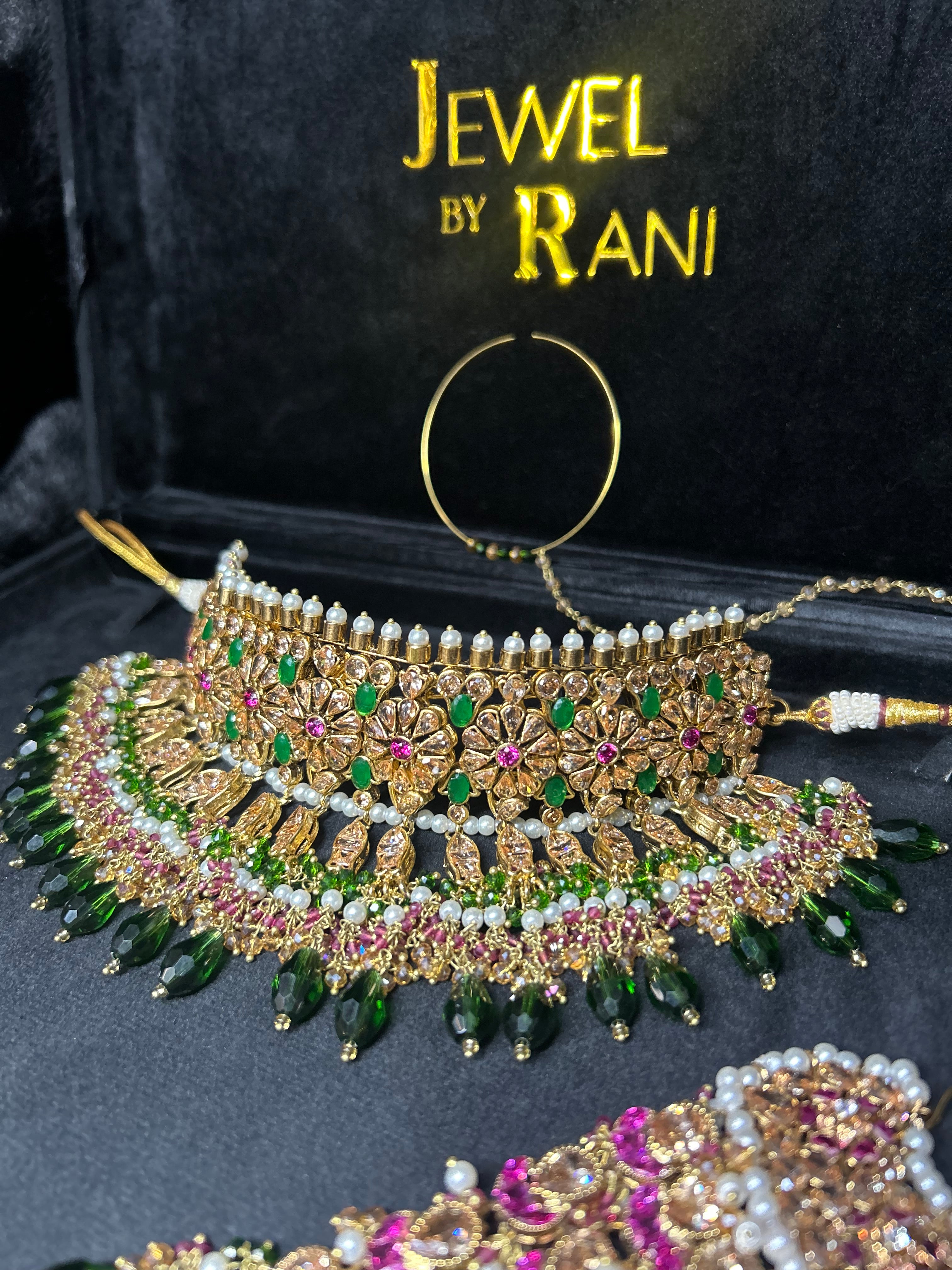 Pre order No gold plate: Same set, Crystals changed to a lighter green, Jhumkies made smaller, NO JHUMAR, Needed July 15th