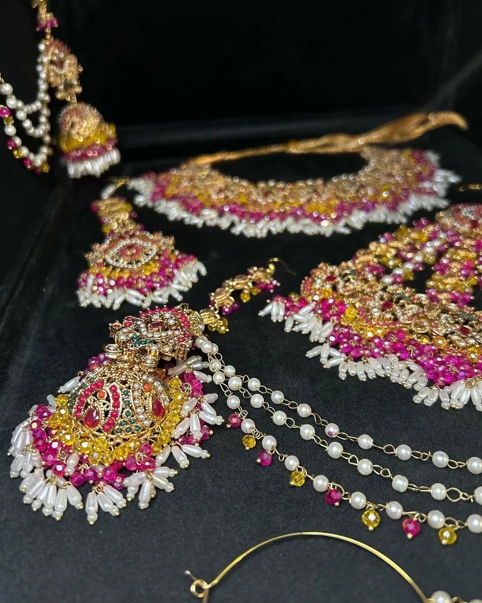 Stunning Yellow & Pink Multi coloured necklace set, with heavily beaded earrings & tikka - Jewelsbyrani