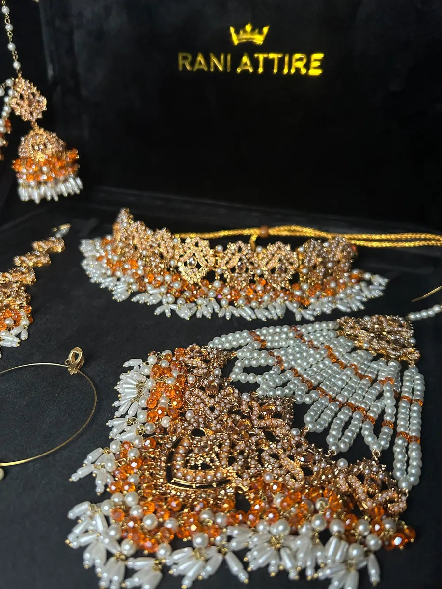 White & Orange Choker set, with heavily beaded earrings & tikka - Jewelsbyrani