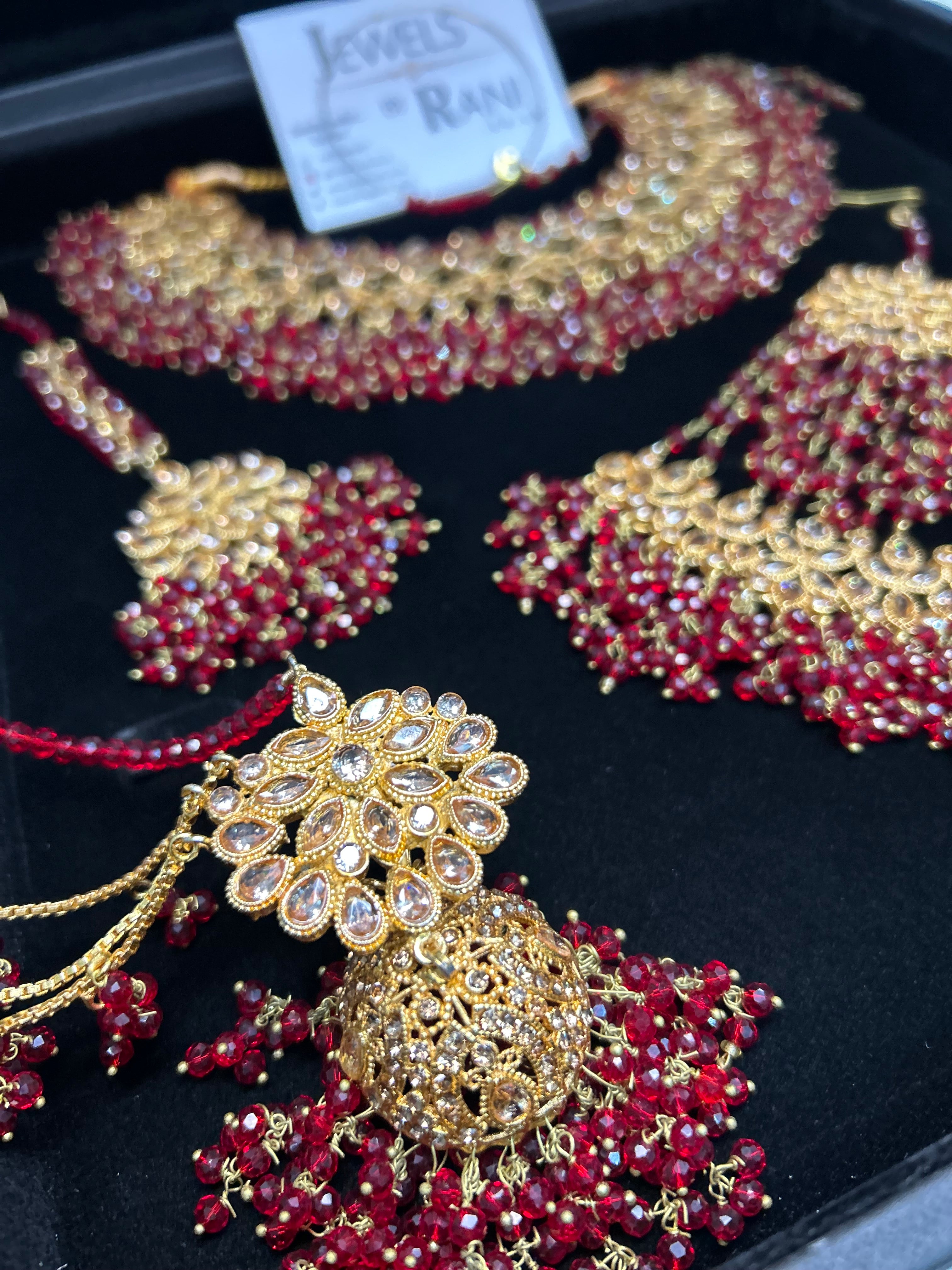 Deep Red Necklace set, with heavily beaded Earrings & tikka