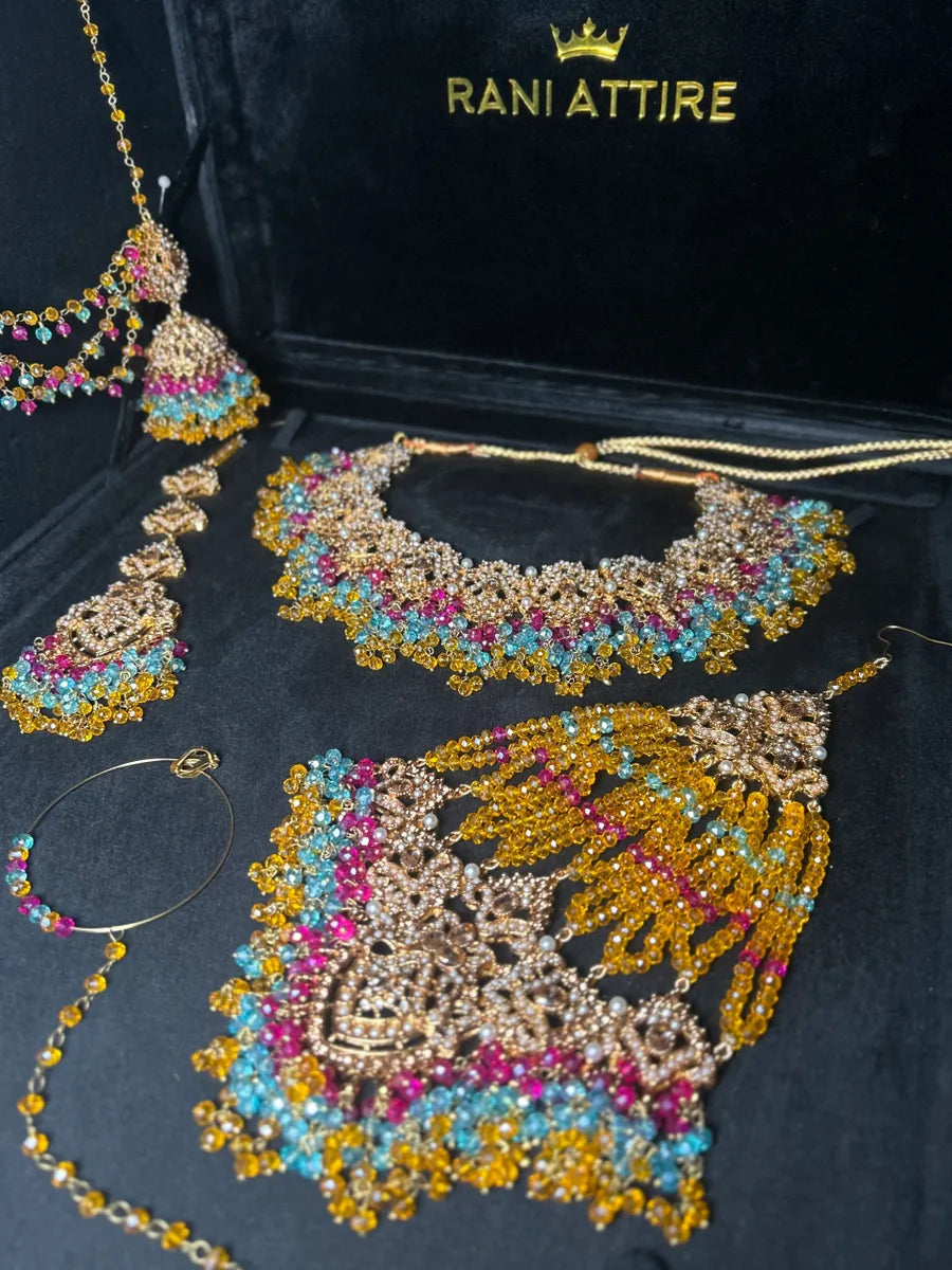 Mustard, Light Blue & Hot Pink coloured necklace set, with heavily beaded Jhumkies & tikka | Gold Stones